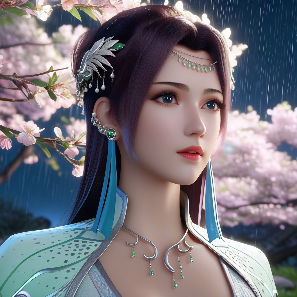 <lora:786-DA-XL-斗破苍穹-云韵-绿服:0.8>, (,1girl, ,best quality, ),looking at viewer, ,ultra detailed 8k cg,            cinematic lighting, cinematic bloom, (( , )),,  , unreal, science fiction,  luxury, jewelry, diamond, pearl, gem, sapphire, ruby, emerald, intricate detail, delicate pattern, charming, alluring, seductive, erotic, enchanting, hair ornament, necklace, earrings, bracelet, armlet,halo,masterpiece, (( , )),,  ,cherry blossoms,(((, night,night sky,,  ultra high res, (photorealistic:1.4), raw photo, 1girl, , rain, sweat, ,wet, )))(( , ))   (cleavage),,  (sit), ,