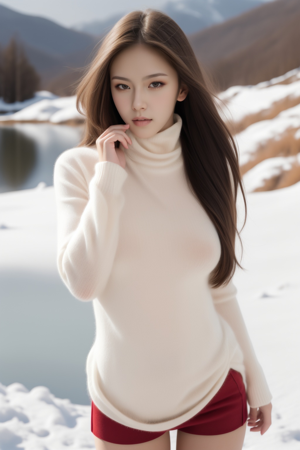 a beautiful girl is in (skinny turtleneck sweater), very sexy, long hair, prefect face, brown eyes, makeup, blush, lips, (curvy), big tits, thin waist, (looking at viewer), standing in the snow, winter, snow mountain, (film grain), 35mm film, upper body,