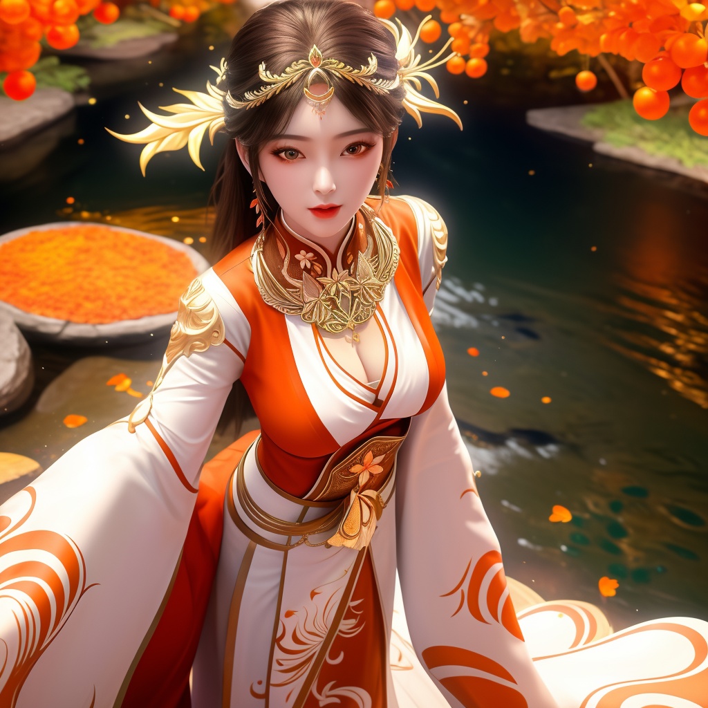 <lora:770-DA-完美世界-火灵儿-婚服:0.8>, (,1girl, ,best quality, ),looking at viewer,  ,ultra detailed background,ultra detailed background,ultra realistic 8k cg,, ,masterpiece, (( , )),, ,      ,  orange blossoms,  (cleavage),,  (), ,,
