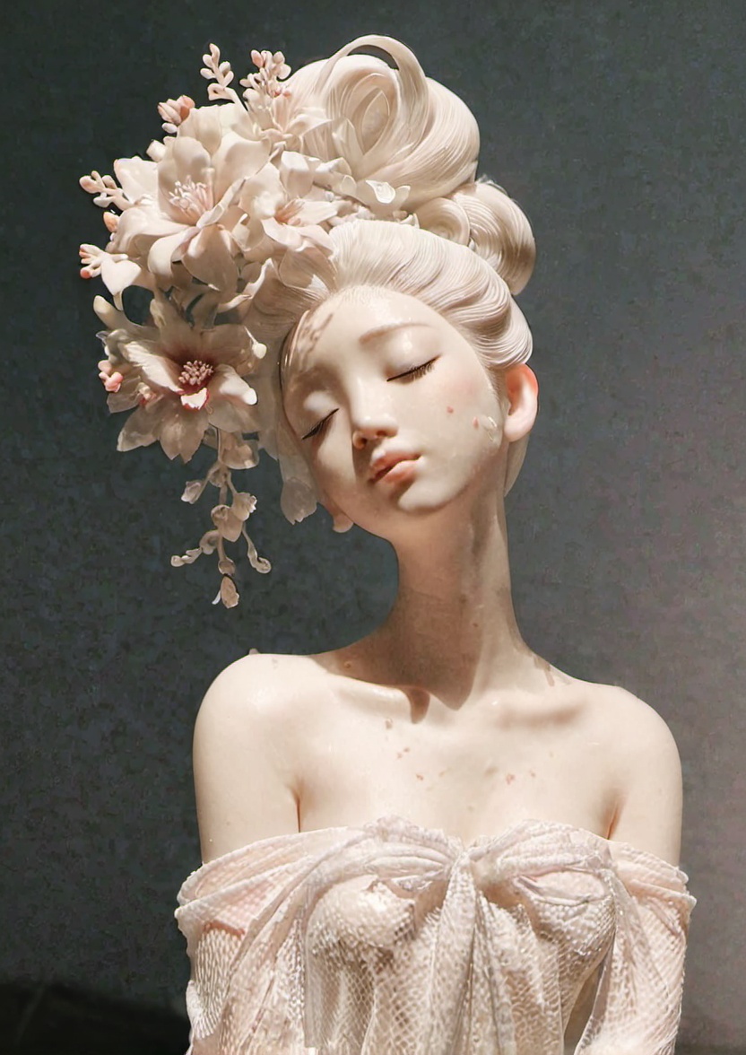 dehuabaici,puregirl<lora:dehuabaiciSDXL-000010:0.85> <lora:puregirl-000007:0.15>1girl, closed eyes, floral print, flower, jewelry, skin made of porcelain, solo, updo,