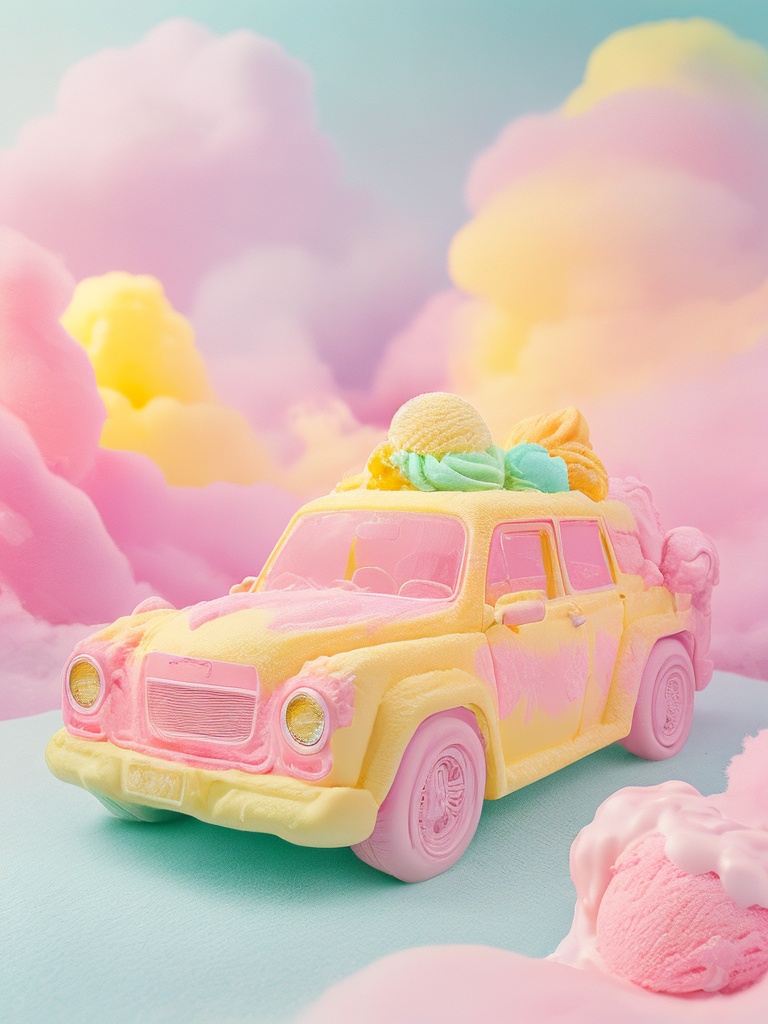 mibjl, colourful, colorful, pastel, ice cream, vintage car, yellow car, pink car, cloud background, cotton candy clouds, rainbow colors, whimsical, sweet treats, dessert, soft textures, pastel yellow, pastel pink, pastel orange, pastel blue, pastel green, food art, surreal, fantasy, dreamy, cute, playful<lora:万物冰激凌sd1.5_D1.3:0.7>,