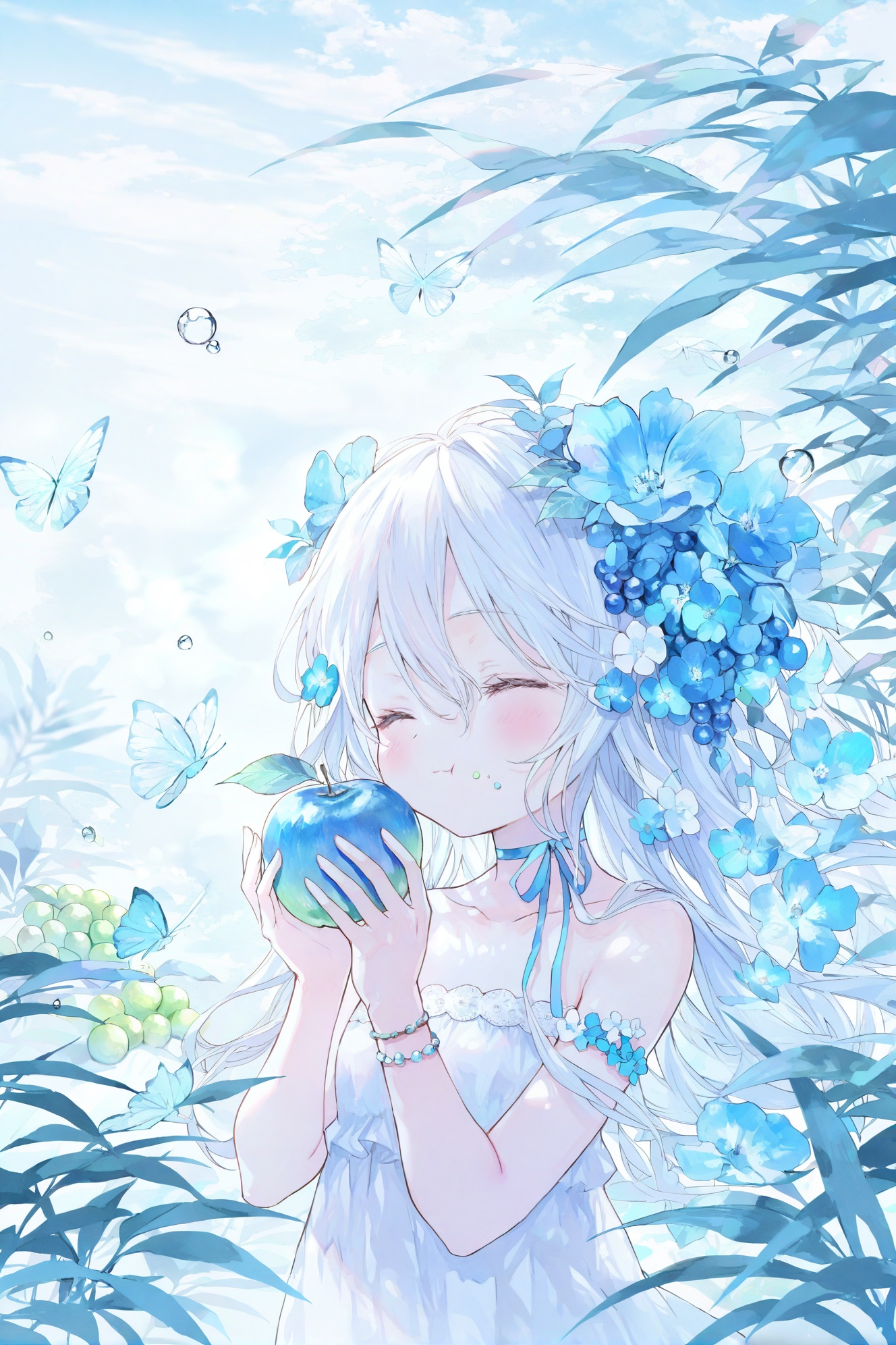 loli,1girl,blue theme,solo,closed eyes,upper body,holding apple,eating,food on face,happy,white flower,white butterfly,hair ornament,white dress,long hair,bracelet,hair flower,strapless dress,strapless,white hair,choker,hair between eyes,bare shoulders,ribbon choker,collarbone,blue apple,green grape,blue leaf,ribbon,blush,water drop,plant,(masterpiece,best quality,highres,absurdres,best quality,amazing quality,very aesthetic,absurdres),