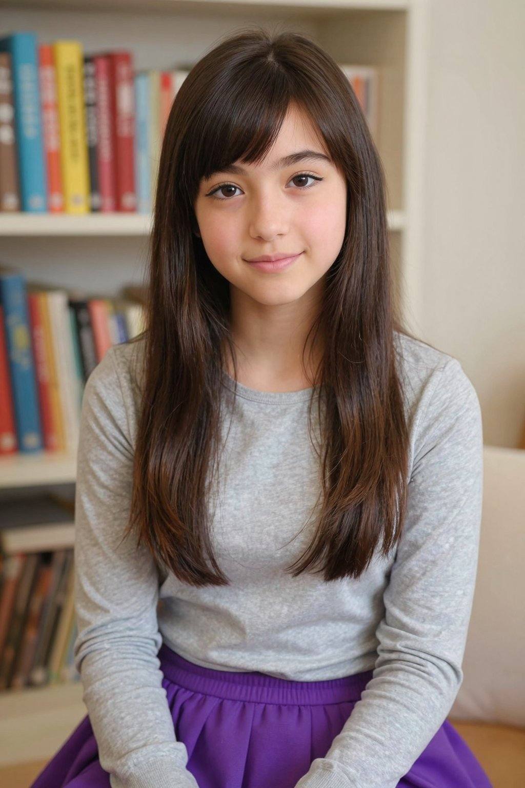 This photograph features an 15 year-old girl with long, straight, dark brown hair and bangs, wearing a light grey long-sleeve shirt and a purple skirt. She has a fair complexion, almond-shaped eyes with black eyeliner, and a subtle smile. She is seated, Background with a bookshelf filled with colorful books in the background. The setting appears to be a cozy, well-lit room. <lora:20260107_TinZ-ImageYoungGirlLora6:0>