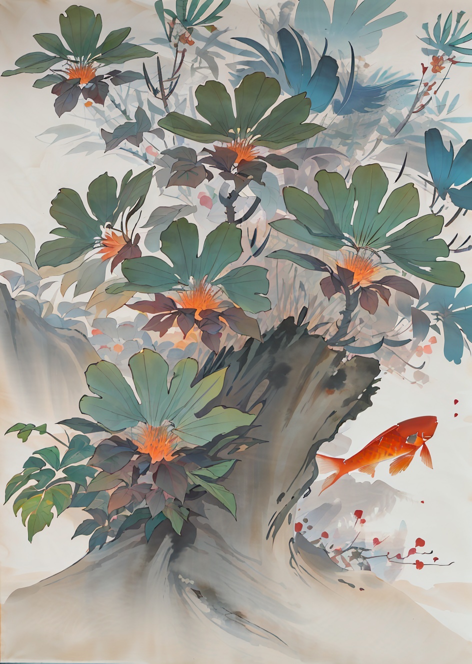 huaniao, [(white background:1.5)::5], mid shot, full body, chinese style, flowers,((fish)),stone fragment, beautiful detailed water,pool,  <lora:huaniao:1>