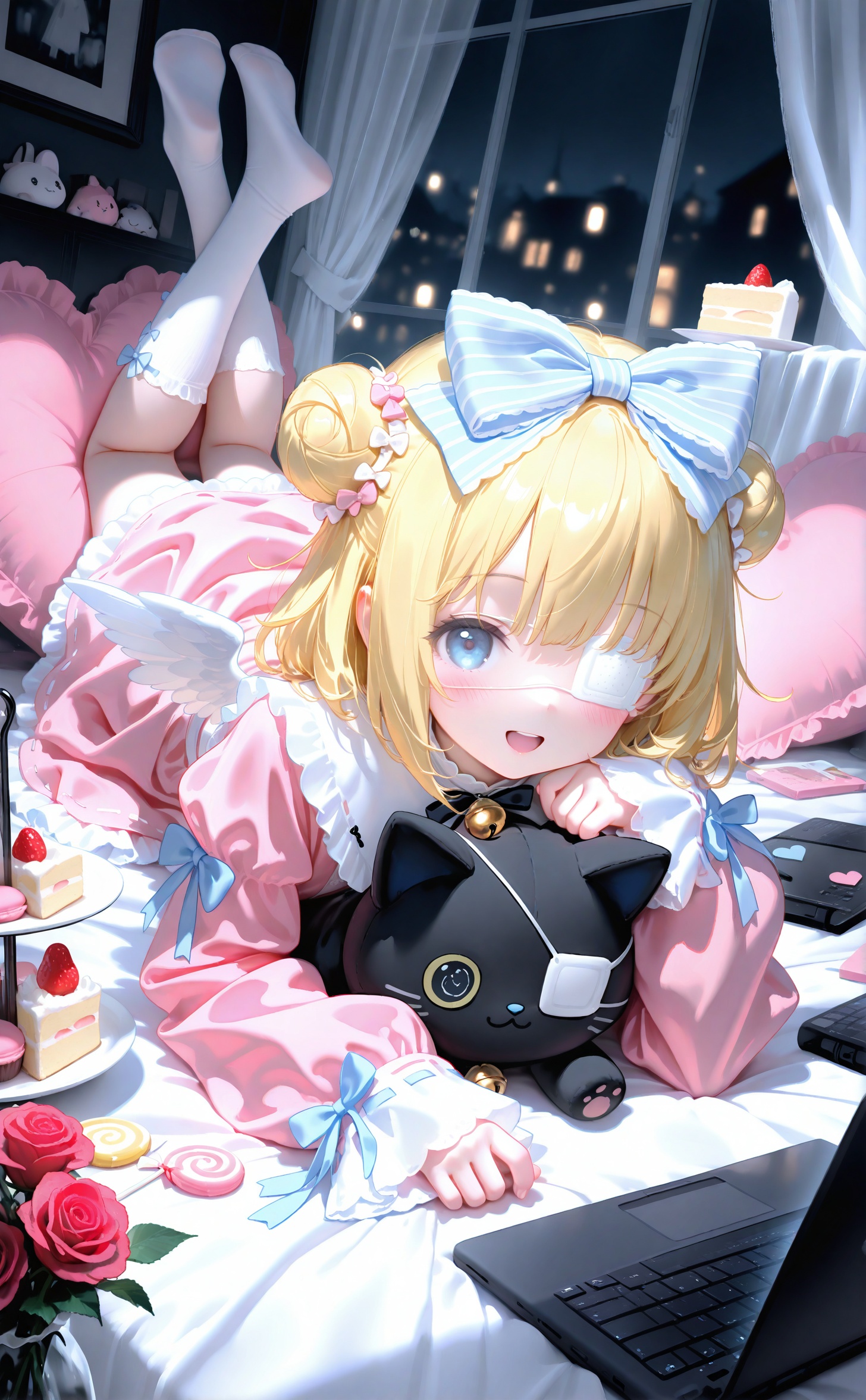 masterpiece,absurdres,best quality,high quality,chromatic_aberration,night,darkness,black theme,photorealistic,high contrast,high saturation,loli,loli,loli,//, 1girl,frilled pillow,macaron,rose,sleeves past wrists,bell,eyepatch,food,bow,cake,blue eyes,hair bow,frills,sleeves past fingers,blue bow,jingle bell,pillow,:d,red rose,hair bun,long sleeves,puffy sleeves,blonde hair,flower,socks,white wings,solo,no shoes,smile,laptop,on stomach,red flower,strawberry,double bun,hair bell,stuffed animal,computer,soles,swirl lollipop,lying,pink rose,heart-shaped pillow,medical eyepatch,stuffed toy,the pose,heart,wings,cake slice,feathered wings,dress,cat,candy,looking at viewer,open mouth,pink flower,stuffed cat,hair ornament,fruit,indoors,skirt,kneehighs,tiered tray,depth of field,shirt,pink dress,blurry background,candy wrapper,pink skirt,blurry,animal,window,lollipop,teeth,cupcake,mini wings,juliet sleeves,short over long sleeves,white socks,frilled skirt,hand up,white bow,frilled dress,upper teeth only,ribbon trim,blush,striped bow,<lora:[Ai蒸馏]white3-000026p:0.8>,