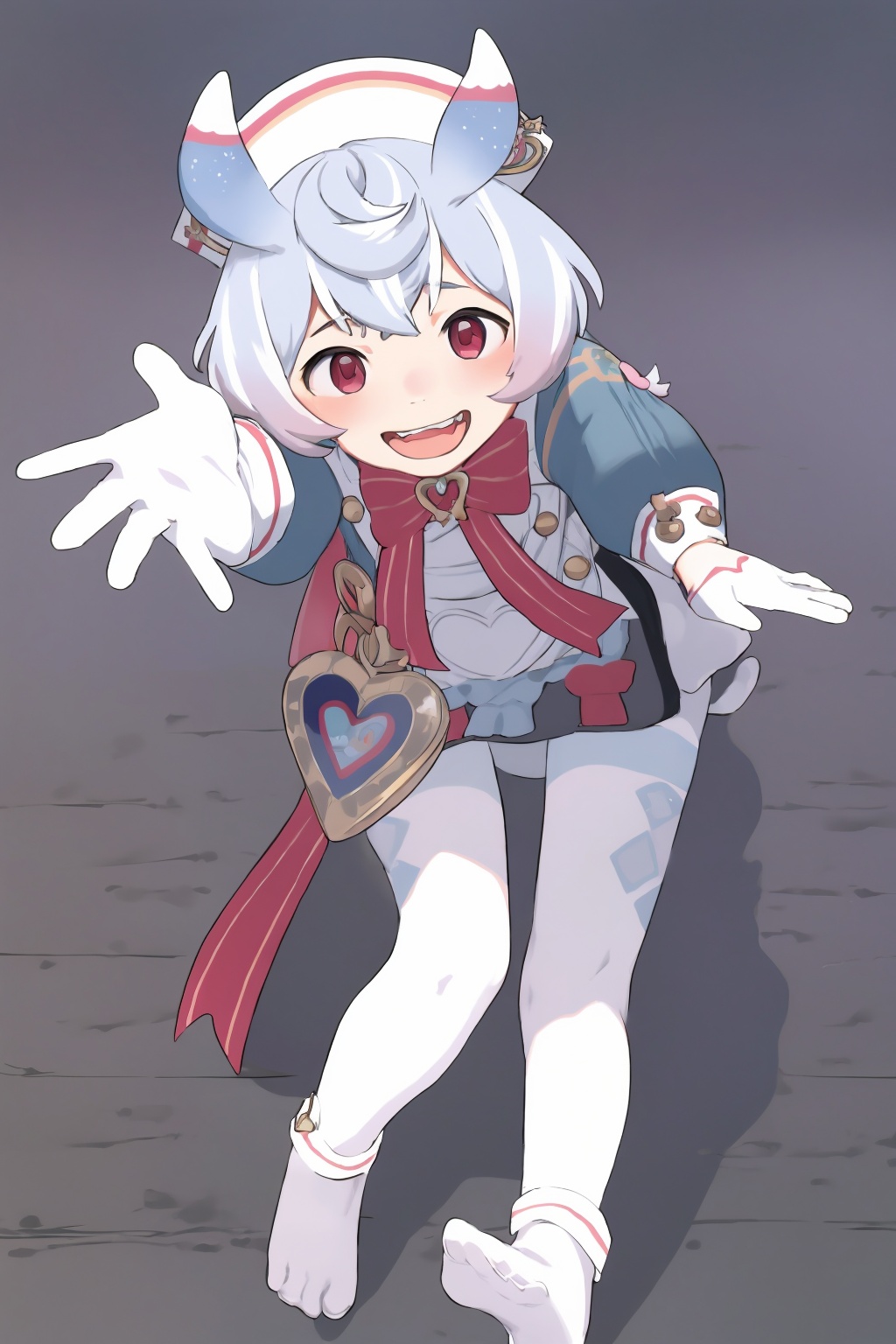masterpiece, best quality,<lora:comiclo:1>, <lora:sigewinne-v2:1>,sigewinne (genshin impact), 1girl, no shoes, feet, pantyhose, red eyes, white pantyhose, gloves, solo, soles, white hair, toes, hat, white gloves, looking at viewer, smile, outstretched arms, short hair, horns, legs, open mouth, underwear, panties, foot focus, blush, foreshortening, panties under pantyhose, dress, thighband pantyhose, nurse cap, full body, bangs, white headwear