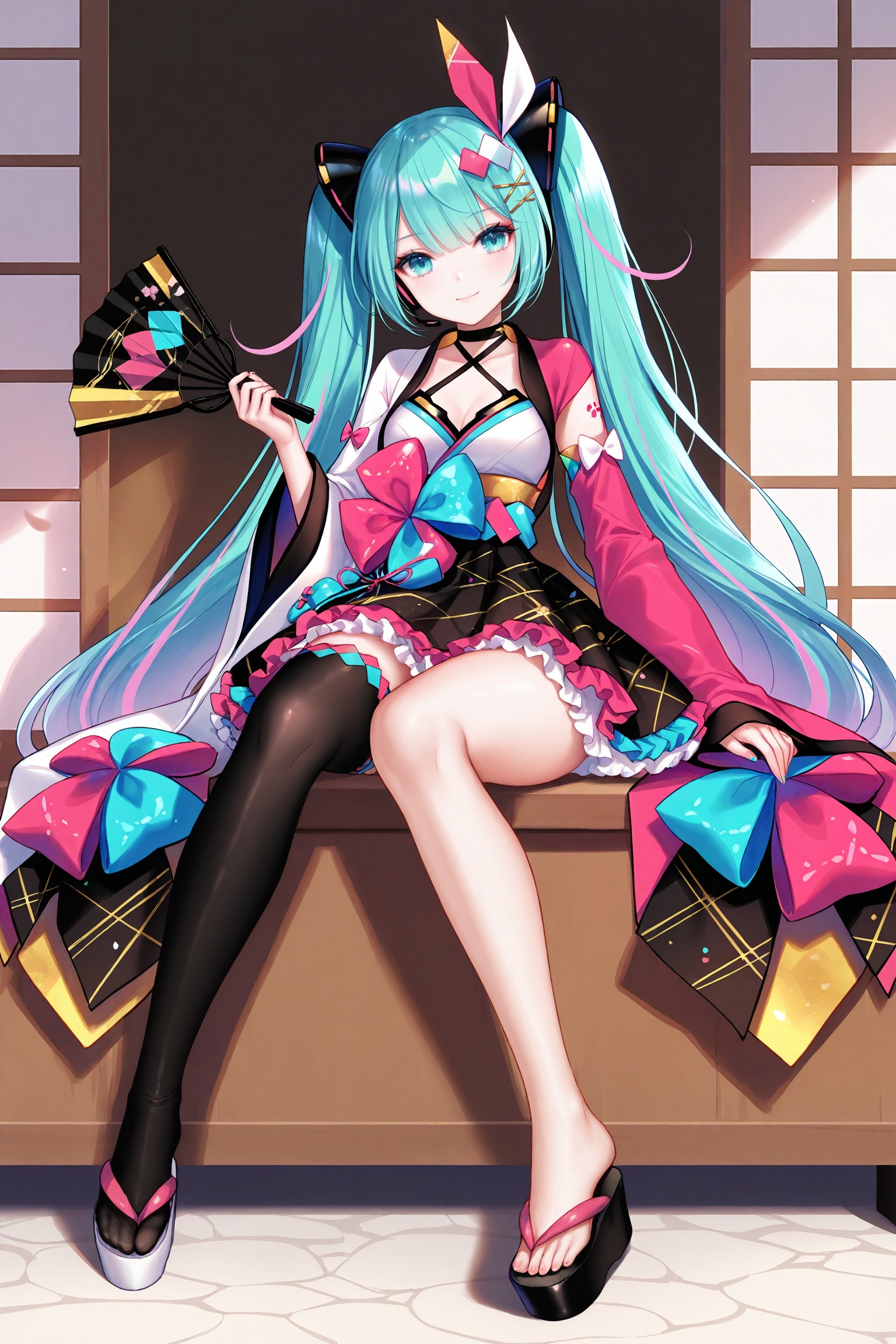 masterpiece,best quality,newest,absurdres,highres,soft shadows,photorealistic,(bison cangshu:0.5),(fuzichoco:0.6),(rimuu:0.5),(mignon:0.5),(sheya:0.6),<lora:MMM2020summerXLNAI:1>,magical mirai miku \(2020 summer\),sandals,multicolored hair,hair ornament,japanese clothes,wide sleeves,hand fan,mismatched sleeves,white sleeves,pink sleeves,frilled skirt,black thighhigh,single thighhigh,bare leg,platform footwear,mismatched footwear,white footwear,black footwear,full body,sitting,thick thighs,
