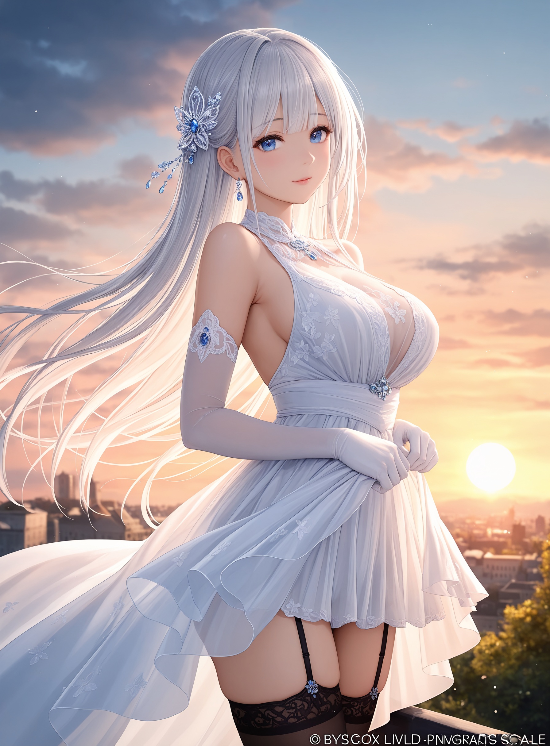 1girl, solo, gloves, blue eyes, elbow gloves, scenery, breasts, long hair, thighhighs, looking at viewer, white gloves, large breasts, white hair, bangs, sky, outdoors, garter straps, building, bare shoulders, dress, cloud, sun, black thighhighs, sunset, white dress, hair ornament, tree, city, cinematic lighting, contour deepening, high-key and low-variance brightness scale, soft light, depth of field,(artist:konya_karasue:0.3),(artist:meion:0.4),(artist:jima:0.2),(artist:torino_aqua:0.1),(artist:sora_72-iro:0.6),(artist:miwabe_sakura:0.2),(artist:wlop:0.4),(artist:ciloranko:0.3),(artist:binggong_asylum:0.6),(artist:ask_\(askzy\):0.3),(artist:bison_cangshu:0.7),(artist:yunsang:0.2),(artist:ningen_mame:0.3),(artist:sho_\(sho_lwlw\):0.3),official art,depth of field,best quality,amazing quality,very aesthetic,absurdres,best quality,masterpiece,ultra detailed, newest,8K,HDR,masterpiece,best quality,newest,absurdres,highres,very awa,