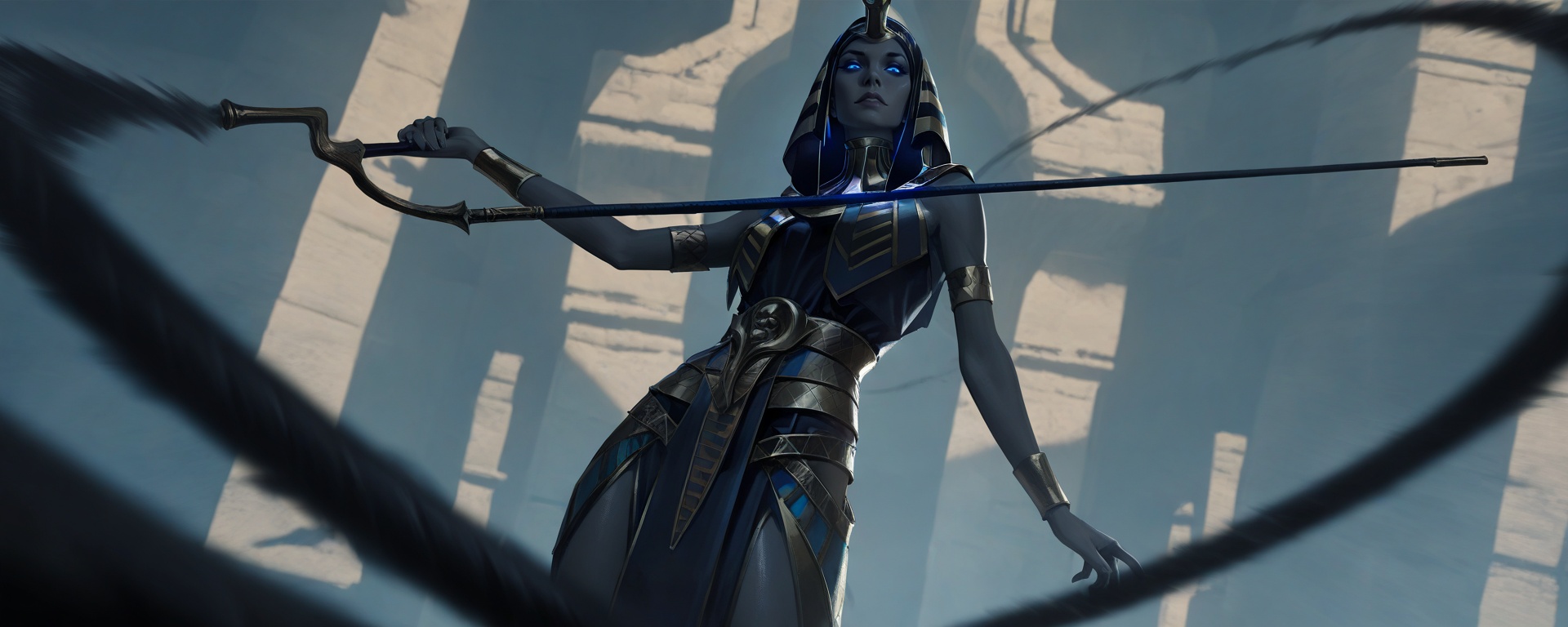 extremely detailed CG,masterpiece,best quality,detailed,highres,newest,recent,dramatic lighting,chiaroscuro,ray tracing,high detailed eyes,perfect eyes,depth of field,dynamic fuzzy,masterpiece,absurdres,incredibly absurdres,best quality,smooth skin,delicate hands,perfect proportions,masterpiece quality,8k,sharp focus,clean composition,no clutter,aesthetic pose,contour_deepening:0.2,MLiang zsjjc,glowing eyes,holding,solo,glowing,egyptian clothes,blue eyes,staff,looking at viewer,whip,egyptian,