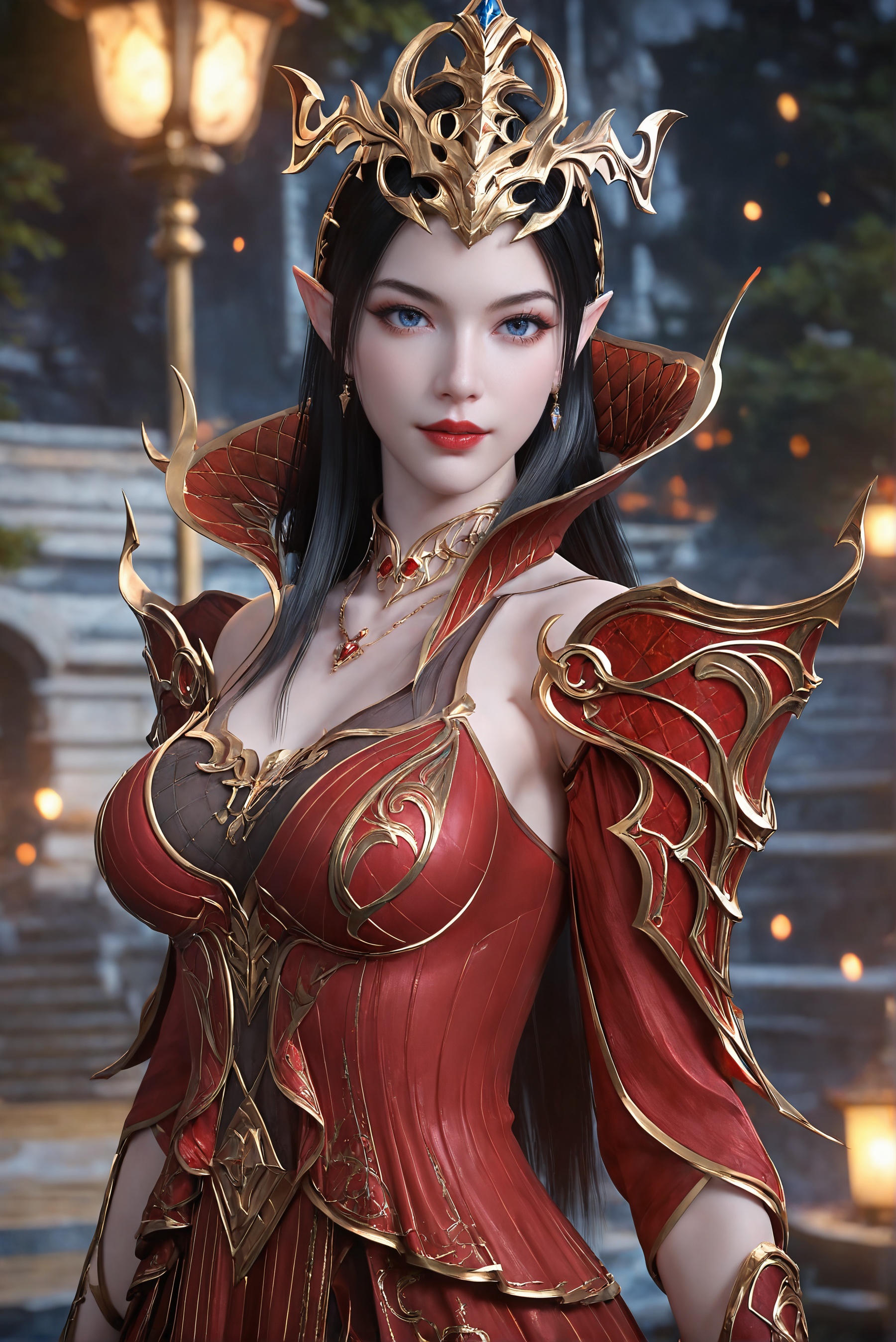 score_9,score_8_up,score_7_up,1girl,solo,3d,ultra-detailed,high resolution,perfect lighting,flawless skin,sharp focus,extremely detailed anatomy,Exquisite Craftsmanship,High-Resolution Beauty,Unparalleled Artistic Quality,masterpiece,best quality,official art,extremely detailed CG unity 8k wallpaper,<lora:美杜莎-玄黄要塞:0.7>,armor,black hair,blue eyes,breasts,dress,jewelry,long hair,pointy ears,portrait,red dress,red lips,upper body,