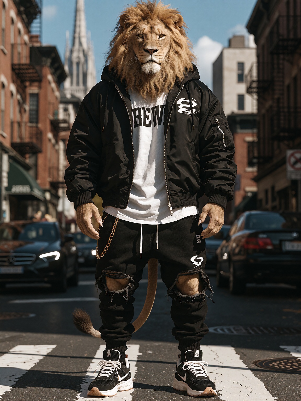 photograph of an anthropomorphic lion dressed in streetwear clothing ,  street background,  high quality on Tensor.Art