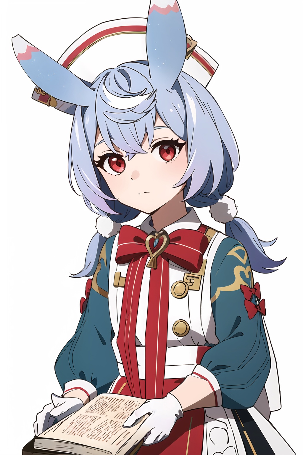 (masterpiece, best quality:1.2),insanely detailed,absurdres,ultra-highres,ultra-detailed,best quality,slender,kawaii,perfect symmetrical face,ultra cute girl,ultra cute face,ultra detailed eyes,ultra cute,ultra beautifu,<lora:sigewinneT-000008:1>,sigewinne \(genshin impact\),1girl,solo,white gloves,red eyes,white background,simple background,bow,long sleeves,blue hair,looking at viewer,short twintails,hat,white apron,holding,red bow,dress,closed mouth,white headwear,apron,pom pom \(clothes\),book,animal ears,bowtie,pom pom hair ornament,vision \(genshin impact\),gloves,