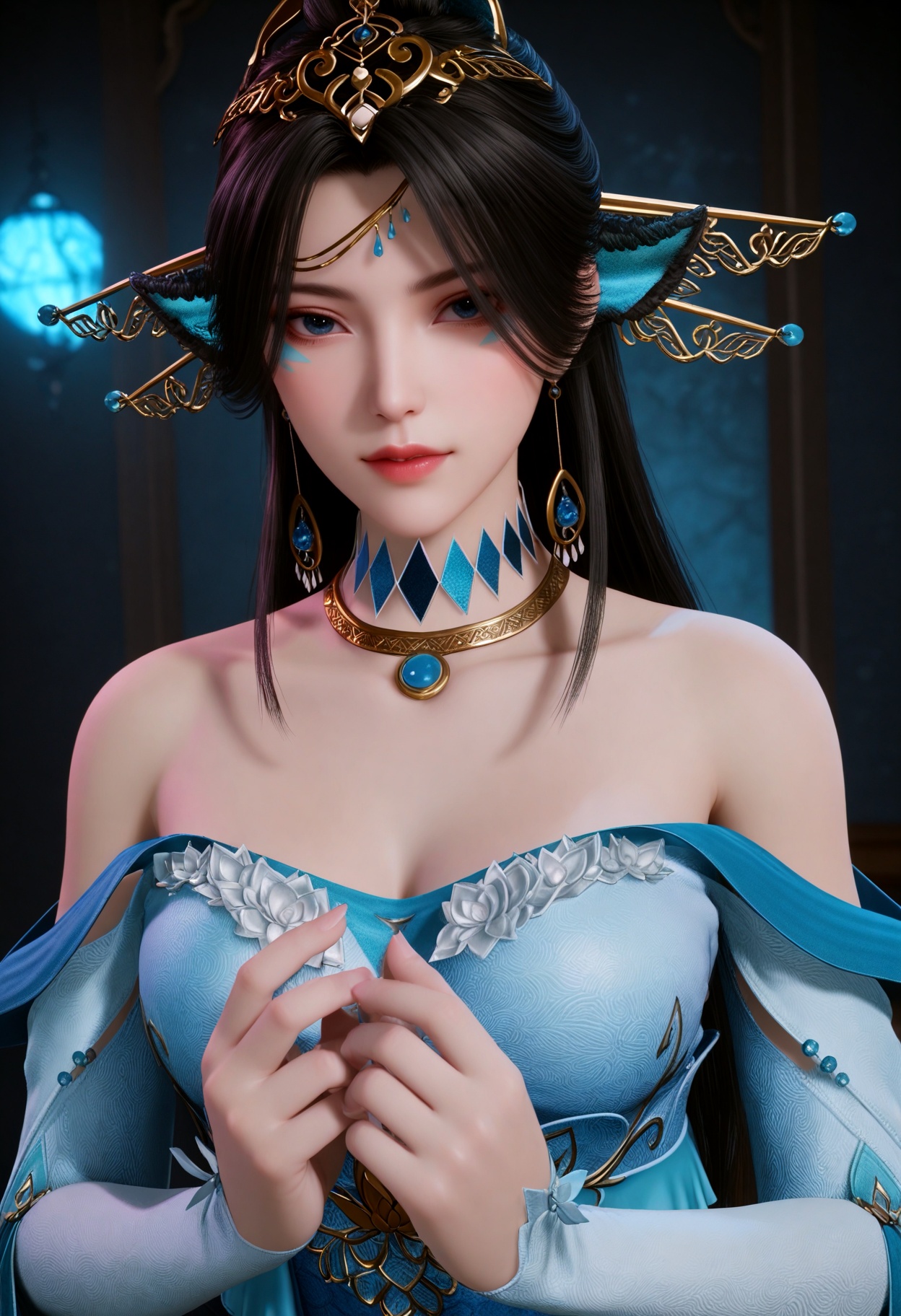 upper_body,(gigantic breasts:0.6),(slender:1.3),(looking_at_viewer:1.1),(masterpiece:1.1),(best quality:1.2),(intricate details),(smog:1.3),(Dark room:1.3),(dim lighting:1.3),<lora:YQ_Illustrious光辉v5_碧波仙子_V1:0.8>,(q1528437228:1.3),1girl,solo,jewelry,black_hair,long_hair,hair_ornament,bare_shoulders,dress,necklace,blue_dress,earrings,animal_ears,anklet,brown_hair,long_sleeves,blue_hair,detached_sleeves,gem,head_fins,crown,elbow_gloves,feathers,frills,masterpiece,(best quality),(intricate details:0.9) BREAK (intricate details:0.9),(realistic skin:1.2),masterpiece,best quality,newest,absurdres,hiahres,