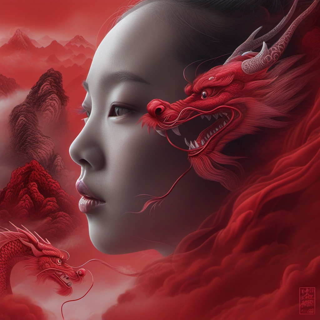 longren1, dragon, eastern dragon, mountain, solo, 1girl, realistic, lips, closed mouth, sky,<lora:hclv-000008:0.8>,Red theme,
