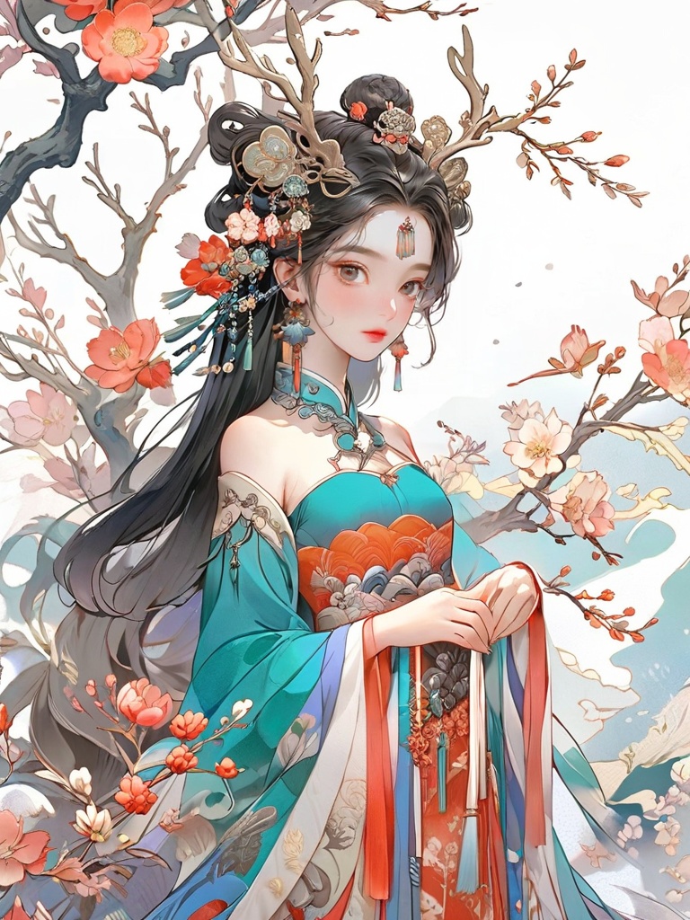 guofeng,Illustrated,1girl,black eyes,long hair,super precise depiction,(flowers),multiple colors,high definition,Rich in intricate details. 8K,illustration,crazy colors,tress,(full body:2),wide shot,deer,1girl,hanfu,off-shoulder,<lora:Dream Scenery XL:0.5>,<lora:国风插画SDXL:0.8>,<lora:20230923-1695416757638:0.8>,