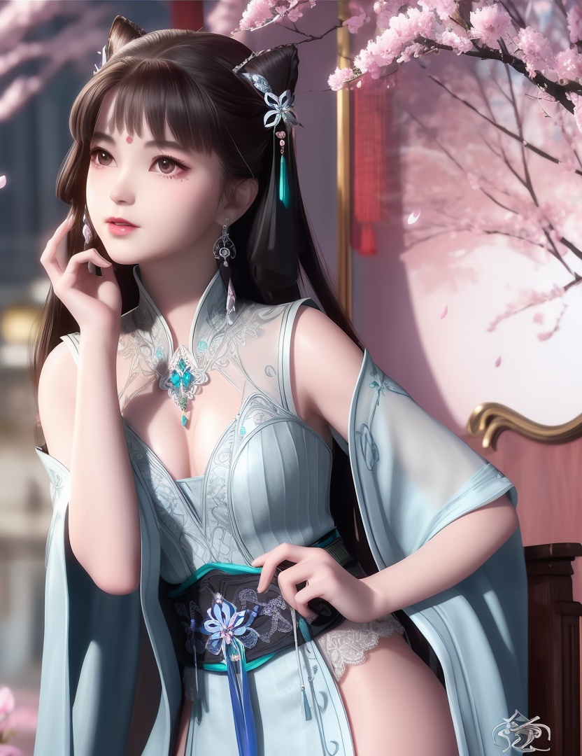 ultra realistic 8k cg, picture-perfect face, flawless, clean, masterpiece, professional artwork, famous artwork, cinematic lighting, cinematic bloom, perfect face, beautiful face, fantasy, dreamlike, unreal, science fiction,  beautiful clothes, lace, lace trim, lace-trimmed legwear,  (rich:1.4), prestige, luxury, jewelry, diamond, gold, pearl, gem, sapphire, ruby, emerald, intricate detail, delicate pattern, charming, alluring, seductive, erotic, enchanting, hair ornament, necklace, earrings, bracelet, armlet,halo((,1girl, ,))(((,teenage,full moon,lantern, cherry blossoms, 1girl, tree, spring_\(season\), solo, black_hair,chinese clothes,looking at viewer, upper body, ))) <lora:DA_LanLingEr:0.6>