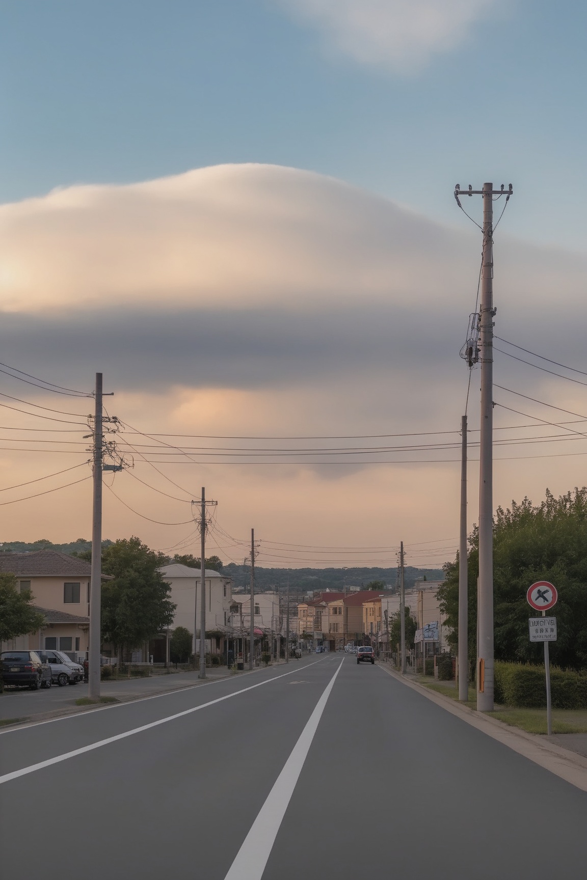 <lora:Anchestreet-V1:0.7>,anchestreet,no humans,road,sky,power lines,scenery,outdoors,street,cloud,day,utility pole,traffic light,sign,building,tree,road sign,