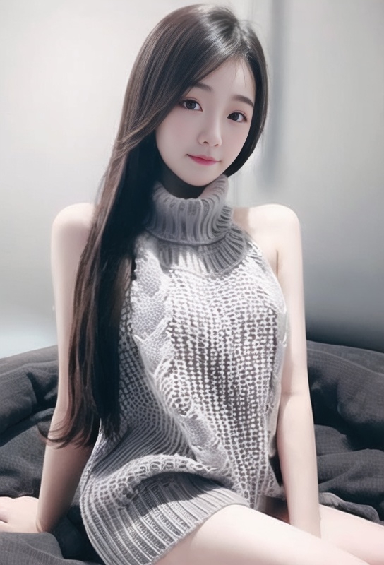1girl, sweater,backless,gray,sitting on bed,indoors, upper body, looking at viewer,   <lora:taiwanDollLikeness_v15:0.7> <lora:sweater:0.8>