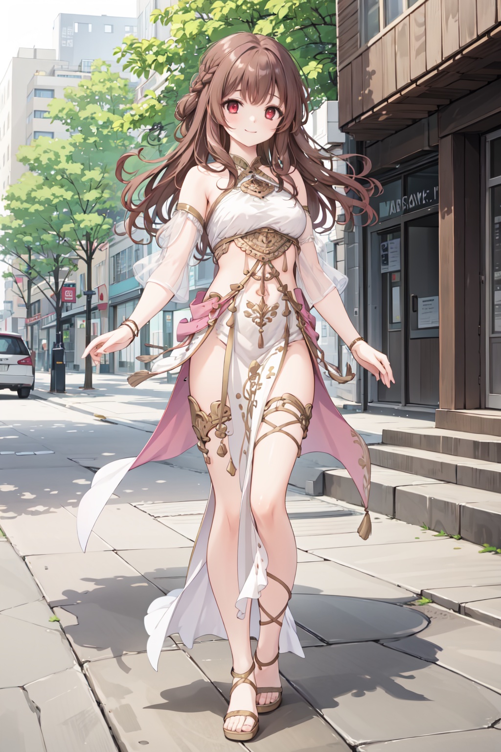 1girl,solo, <lora:Aoi2:0.5>aoisan,red eyes,brown hair,long hair,smile,standing,street,forest, <lora:ThavernarV1:1>,dancer,full body, 