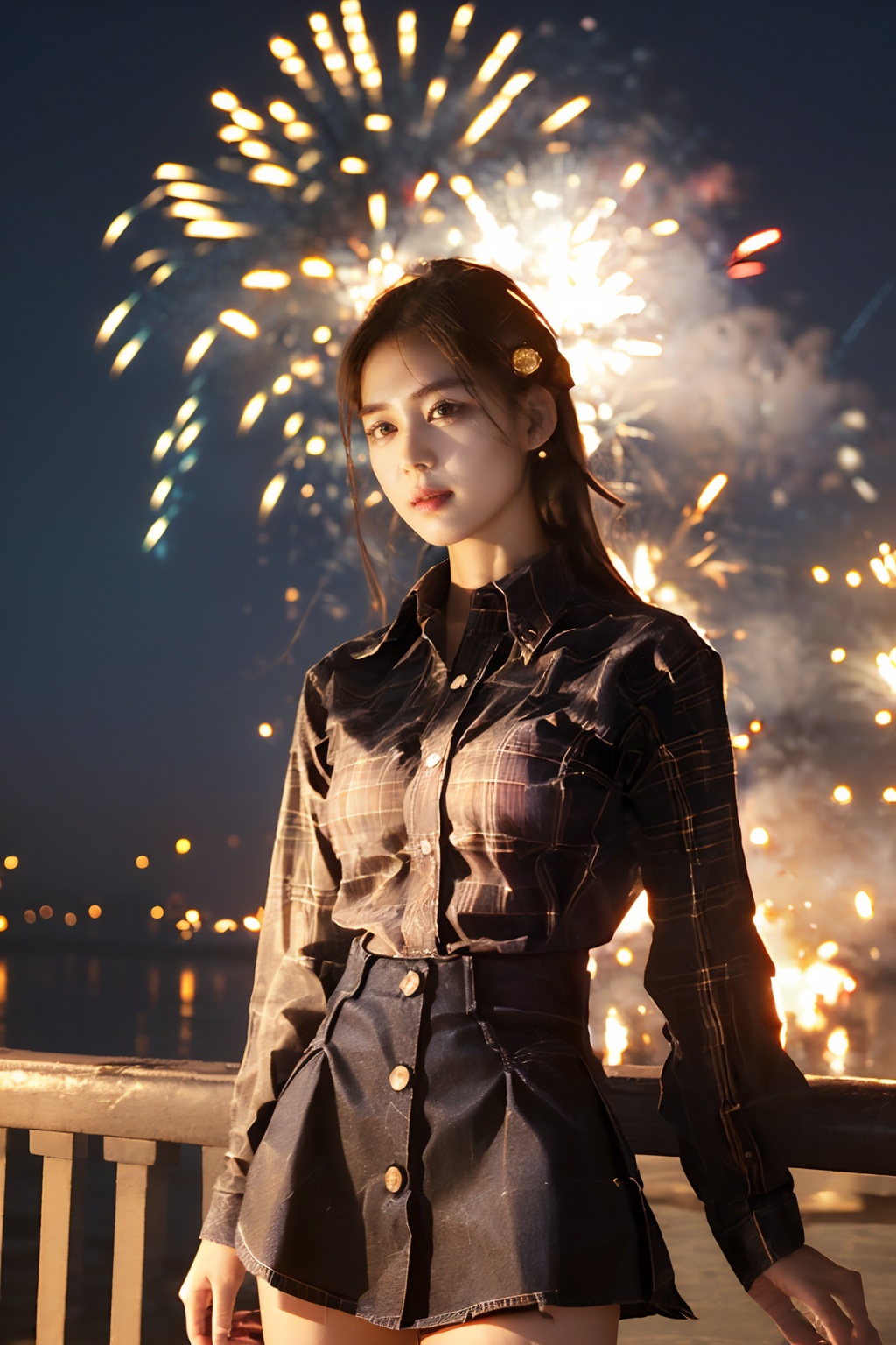 solo,1girl,dress,black hair,realistic,upper body,looking at viewer,elegant girl,(Plaid_button-down_shirt:1.5),(Denim_skirt:1.4),fire,fireworks,night,<lora:disillusion · fireworks:1>,