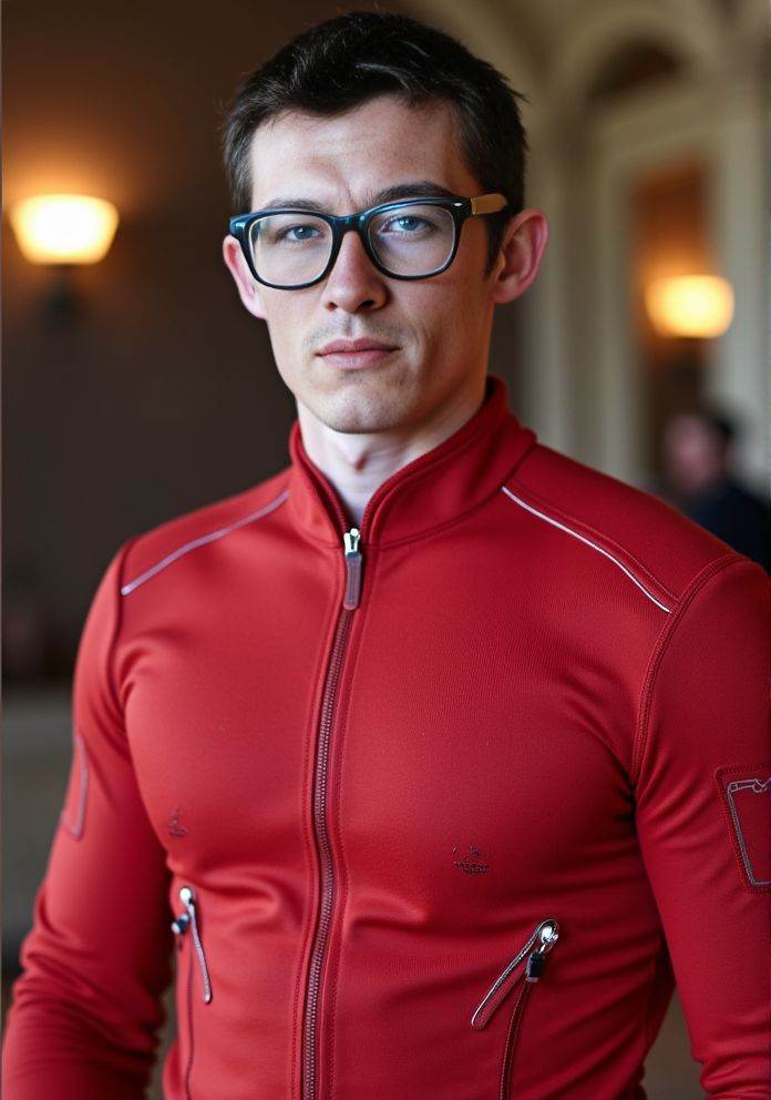 Callum Turner ,  Hi-res photo. He wears futuristic electronic glasses. He is wearing a light red,  close fitting flight su...