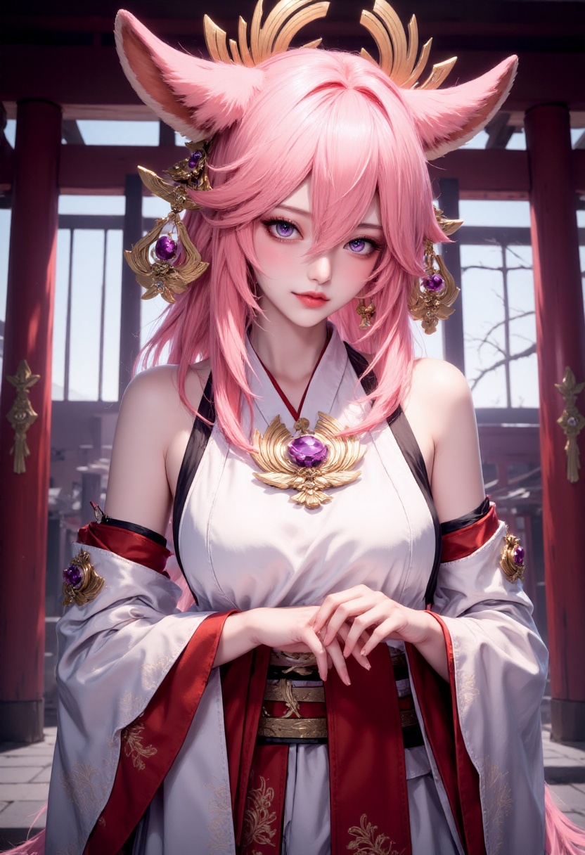 FluxYaeMiko,  FluxYaeMiko,  A stunning pink-haired girl with fox ears and ornate accessories on Tensor.Art