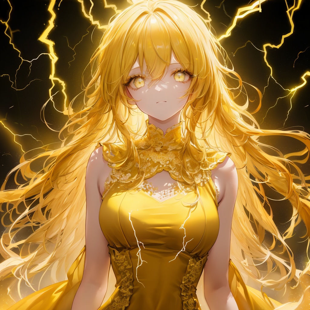 masterpiece,best quality, ultra-detailed, 1girl, beautiful detailed eyes, beautiful detailed glow, detailed lightning, beautiful detailed lightning,  long hair, lightning,glowing,electricity,gradient,light,(((yellow dress))),yellow Theme,Lightning hair,fully body,makeup <lora:ldv2-000008:0.5>，Lightning surrounds the body