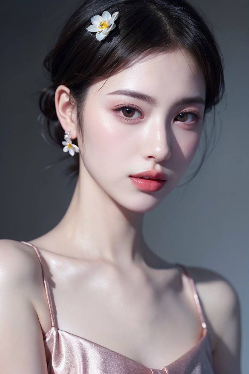 1girl, solo,(front view:1.2),(looking_at_viewer:1.4),(eye-contact:1.4),,black hair, short hair, jewelry, realistic, earrings, hair ornament, black eyes, lips, collarbone, parted lips, flower, watermark, upper body, portrait, hair flower, dress, web address, <lora:LH_zrV2:0.75>, <lora:YG红颜阁美女1:0.75>,