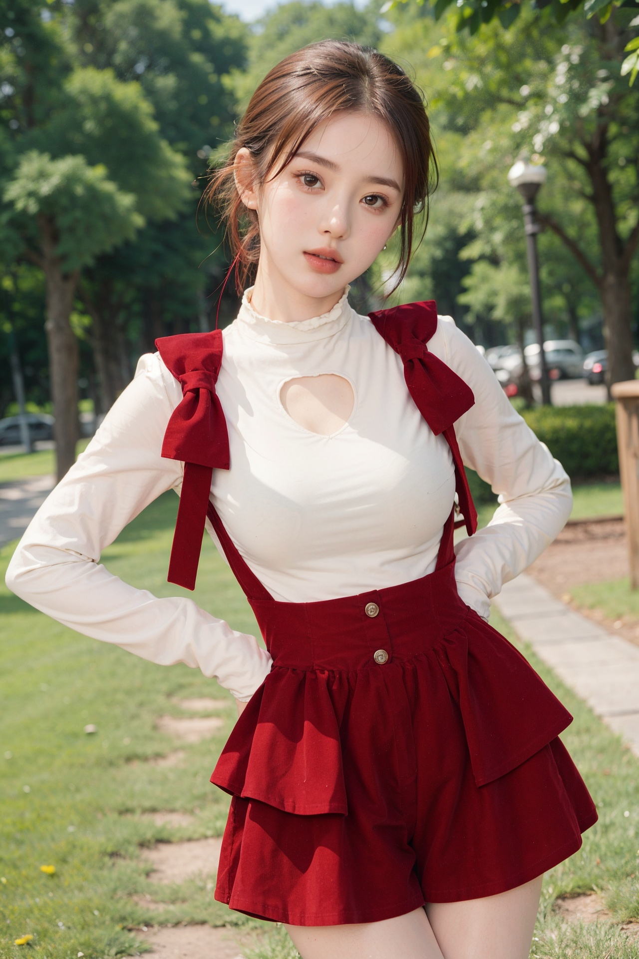 1girl, white shirt , suspender shirt, outdoors, hands on waist