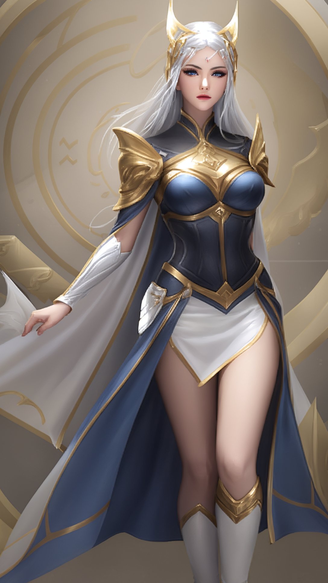 (1girl),smooth chin,masterpiece,detailed face,((hair ornament)),top quality,4k,make up,best quality,large breasts,(looking at viewer),long legs,arms behind back,mature female,full body,silver hair,detached sleeves,black and blue mixed jacket,armor,white skirt,(black cape),blue eyes,short pencil skirt,cloak,white legwear,<lora:1王者露娜启示之音_v1.0:0.8>,