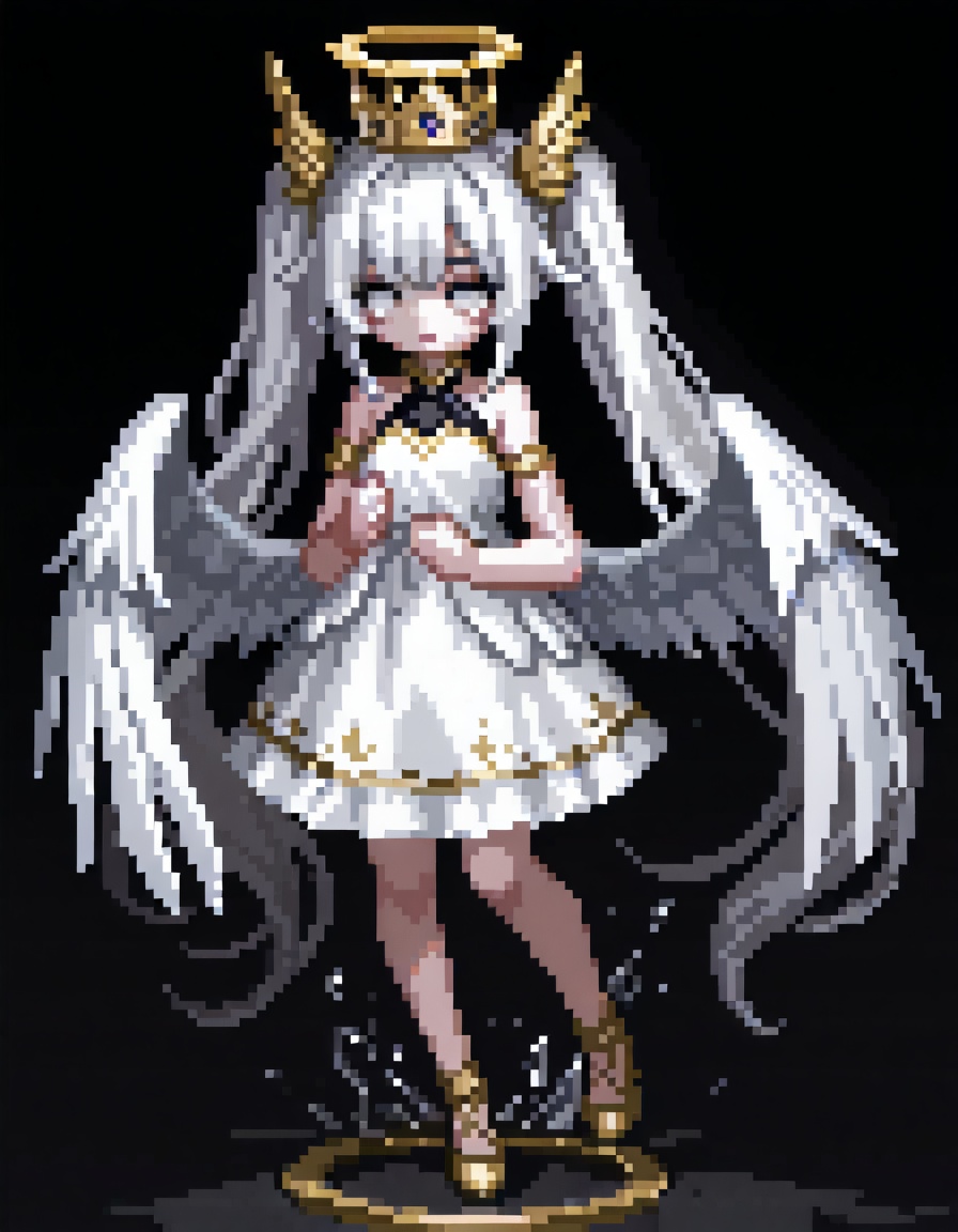 best quality,amazing quality,very aesthetic,1girl,solo,wings,long_hair,dress,white_hair,twintails,halo,very_long_hair,looking_at_viewer,white_wings,black_background,white_theme,feathered_wings,full_body,white_dress,simple_background,bangs,angel_wings,low_wings,head_wings,bare_shoulders,angel,crown,closed_mouth,multiple_wings,white_eyes,floating,//,depth of field,(artist:quasarcake:0.8),extreme aesthetic,(wlop:0.6),wanke,rella,masterpiece,best quality,newest,very aesthetic,absurdres,best quality,masterpiece,(Visual impact:1.2),impactful picture,splash of color,movie perspective,masterpiece,best quality,amazing quality,very aesthetic,absurdres,best quality,(artist:quasarcake:0.8),very aesthetic,masterpiece,Emotionalization masterpiece,unconventional supreme,masterful details,