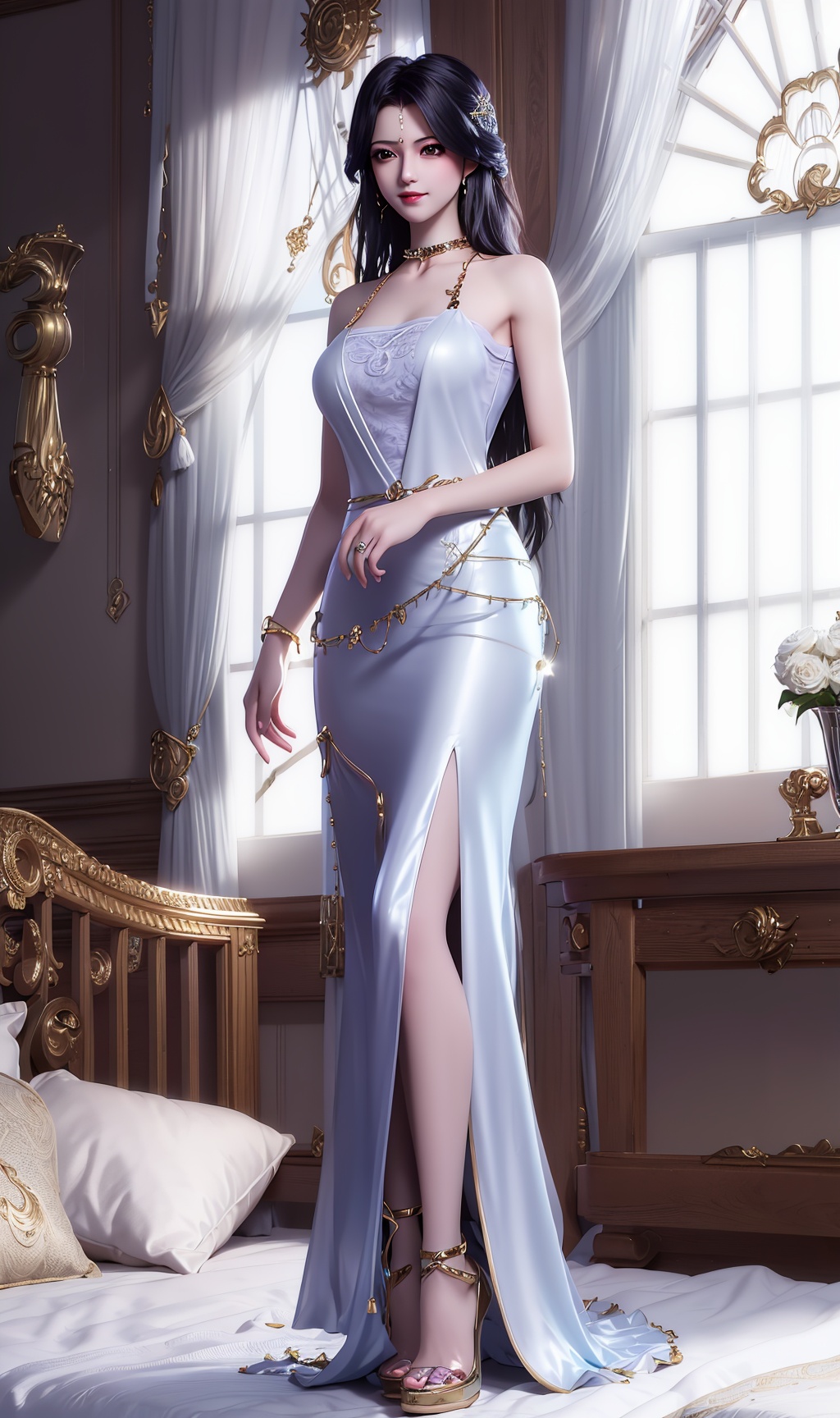 masterpiece,(best quality),official art, extremely detailed cg 8k wallpaper,((crystalstexture skin)), (extremely delicate and beautiful),highly detailed,1girl,solo,long hair,headwear,(standing),( hair),((dress)),(long skirts:0.987),((full body)),sweet smile, (medium breasts),((hair_ornament)),earrings，(sunshine, indoor,(bed)),, <lora:hipoly3DModelLora_v10:0.3>