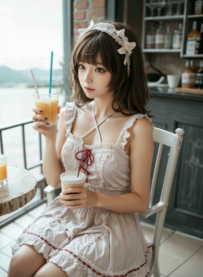 cmmluolita,1girl,brown hair,solo,dress,photo background,cosplay,white dress,brown eyes,sitting,drinking straw,chair,hairband,cup,bangs,<lora:cmmluolita_20231206091240:0.7>,