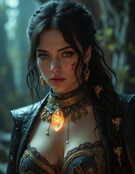 hyperrealistic, photo, masterpiece, stunning, best quality,professional digital artwork of a beautiful and stunning curvy woman, She is a fierce, mythic warrior with an almost magical presence. Her outfit is an chaotic mix of lace, leather, metal and enchanted relics that are reminiscent of ancient legends and seems mystical. Her dark hair is braided with ((threads of gold and silver)), adorned with tiny charms shaped like mythical creatures and runes that glint with bright, otherworldly light. Her eyes are a striking stormy gray, and a scar runs from her cheek to her jawline, suggesting she's faced creatures straight from legend. Around her neck, she wears an amulet made from a shard of broken mythstone, pulsating faintly with magic, inscribed with runes. the entire scene is flooded with light but still mystical and mysterious. intricate details, cinematic, scary lighting, vibrant colors, (ultra detailed, high quality texture), (sharp), (artistic image), 8K, dynamic, depth of field, intricate,