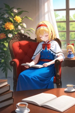 masterpiece,best quality,illustration,ultra detailed,hdr,Depth of field,(colorful),Artist rokusai,shanghai doll,alice margatroid,cup,hairband,closed eyes,bow,window,blonde hair,book,capelet,hair bow,flower,red bow,sleeping,short hair,curtains,plant,dress,long hair,1girl,blue dress,teacup,red hairband,chair,open book,paper,holding,