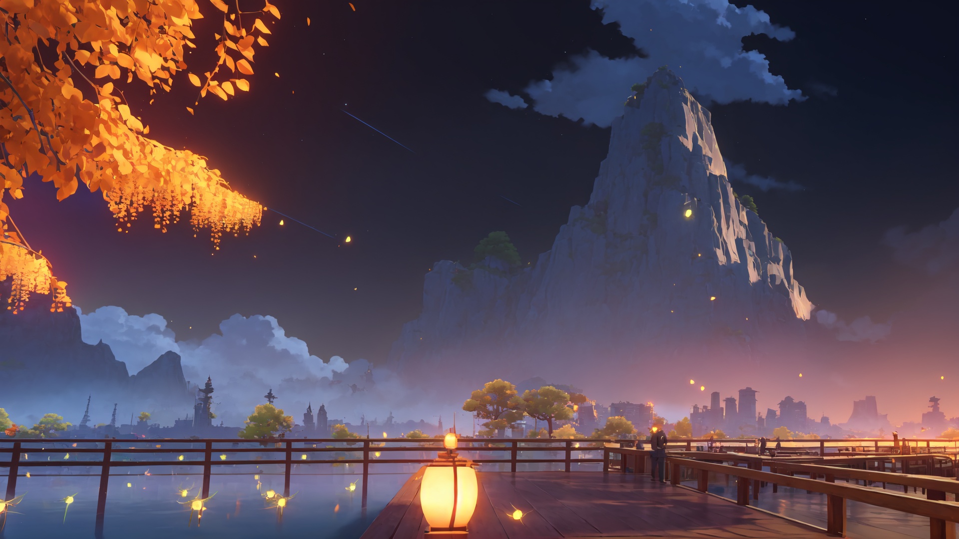 extremely detailed CG unity 8k wallpaper,masterpiece,best quality,ultra-detailed,best shadow,High contrast,best illumination,an extremely delicate and beautiful,dynamic angle,cityscape horizon,mountainous horizon,depth of field,in summer,(night:1.2),(fireflies:1.3),hyper_galaxy,shooting star,cloud,floating,tree,water,beautiful and delicate water,reflection,<lora:liyue-000015:0.9>,