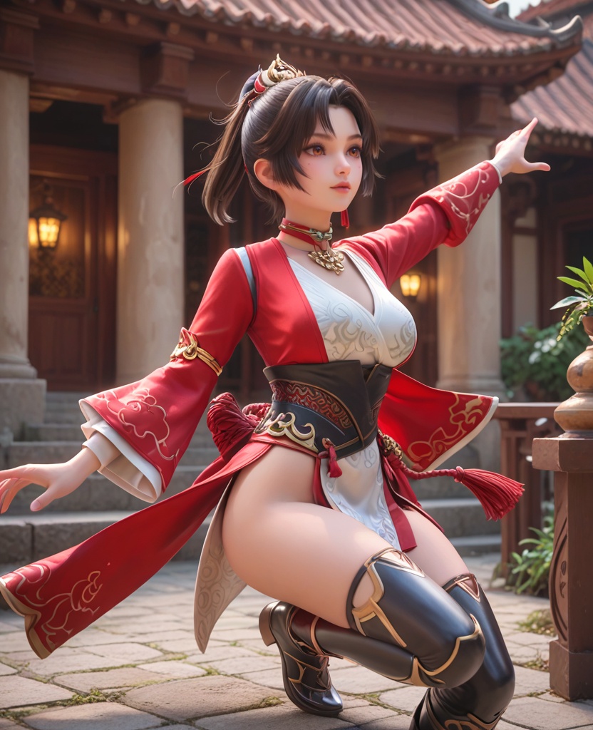 (oriental architecture, elegant decor, sophisticated style:1.1),(jumping:1.1),(large breasts:1.2),<lora:XL王者荣耀云缨:0.8>,miss yunying,red paired with white short kimono,black hair,short ponytail,bangs,red eyes,choker,hair ornament,sash,jewelry,tassel,lips,black thighhighs,greaves,, score_9,score_8_up,score_7_up,score_6_up,score_5_up,score_4_up,3d rendering,tag1,tag2, Cinematic Lighting,backlighting,, zPDXL3, zPDXL2,zPDXL, zPDXLxxx, zPDXLrl,