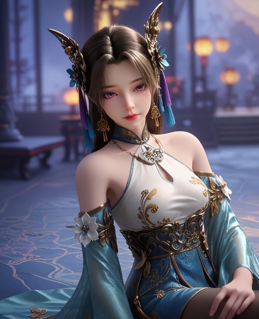 (oriental architecture, elegant decor, sophisticated style:1.1),(Sitting with poise, shoulders back and head held high, she exudes authority and grace, a true vision of royalty:1.1),(breasts:1.2),<lora:XL16克金玩家璎珞:0.95>,miss yingluo,blue peplum gown with white corset,violet eyes,black hair,long hair,hair ornament,necklace,jewelry,bracelet,black pantyhose,wide flowing sleeves,faux floral embellishments,, score_9,score_8_up,score_7_up,score_6_up,score_5_up,score_4_up,3d rendering,tag1,tag2, Cinematic Lighting,backlighting,, zPDXL3, zPDXL2,zPDXL, zPDXLxxx, zPDXLrl,