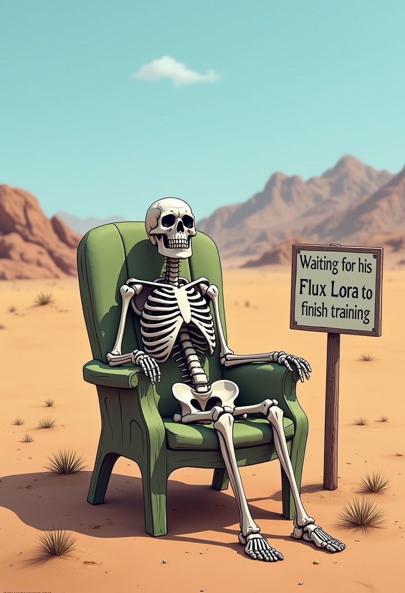 Skeleton sitting in a lawn chair in the desert. A sign next to the skeleton reads "Waiting for his Flux Lora to finish tra...
