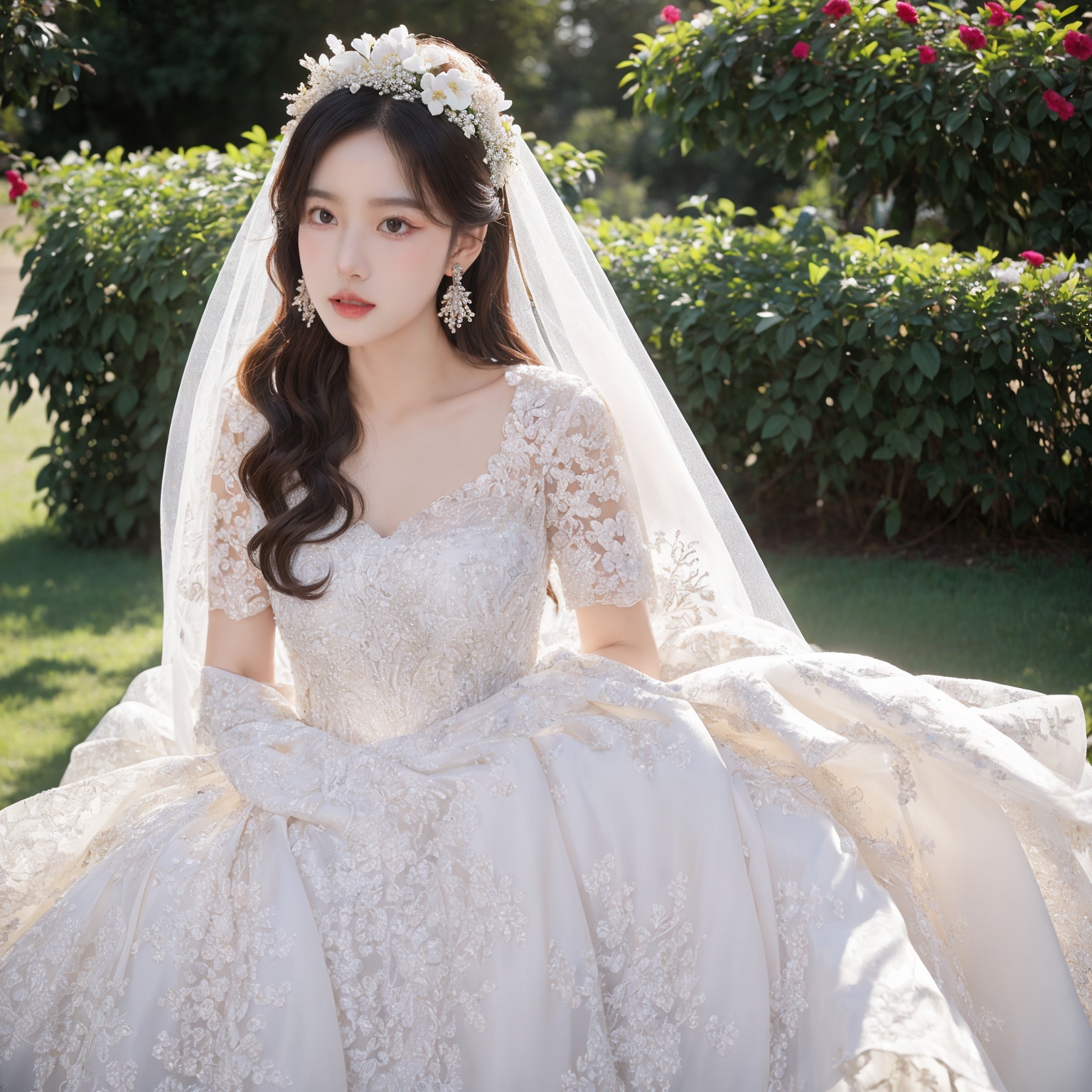 Best Quality,Masterpiece:1.4),(Realism:1.2),(Realisitc:1.2),4K,(photorealistic:1.3),1girl, white wedding dress,long dress,outdoors, flower,  jewelry,print,(Long Wavy Hair),hunsha,veil,Earrings,Jewelry,Tindal Light,  <lora:YG梦中婚纱5:0.7>,