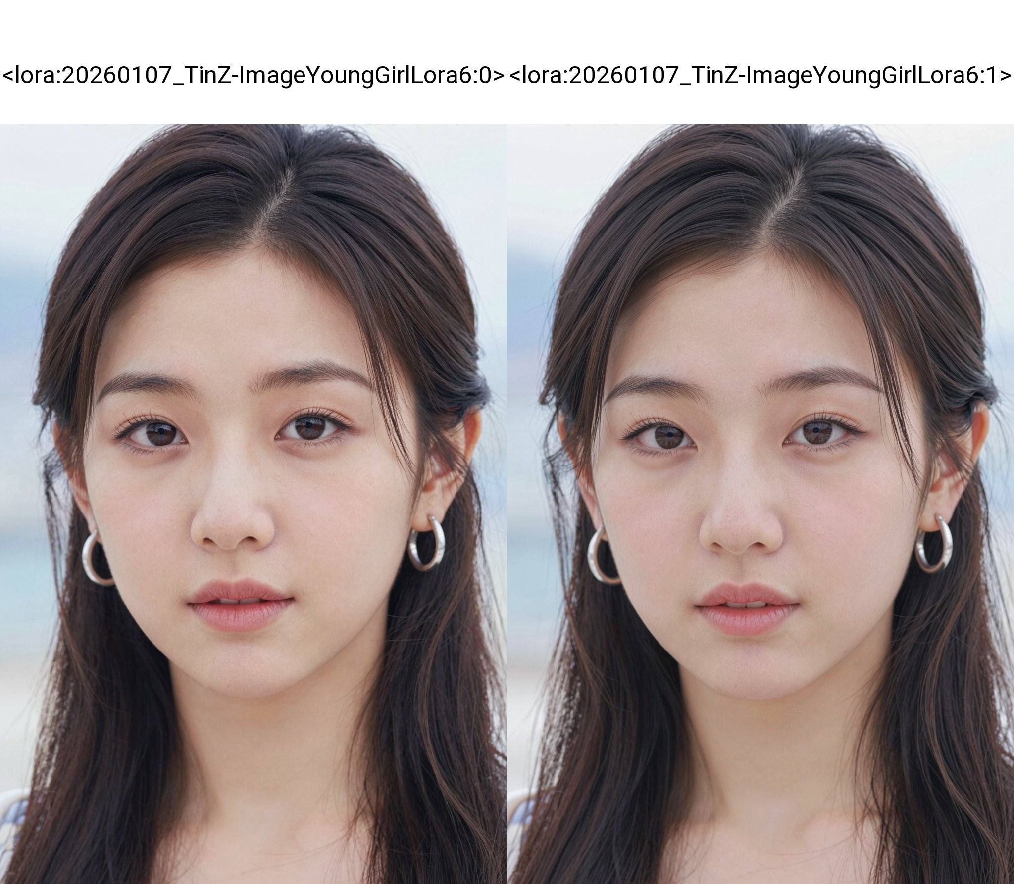 Photograph of an East Asian woman with fair skin and delicate features, captured in a close-up portrait. She has large, dark brown eyes with subtle eyeliner and long, dark brown hair styled in a loose ponytail with strands framing her face. Her lips are slightly parted with a natural pink hue. She wears small, silver hoop earrings. The background is blurred, featuring soft, light blue and white tones, suggesting an outdoor setting. Her skin has a few freckles, adding to her natural appearance. The image focuses on her serene expression and delicate beauty, emphasizing her youthful and gentle look., <lora:20260107_TinZ-ImageYoungGirlLora6:0>