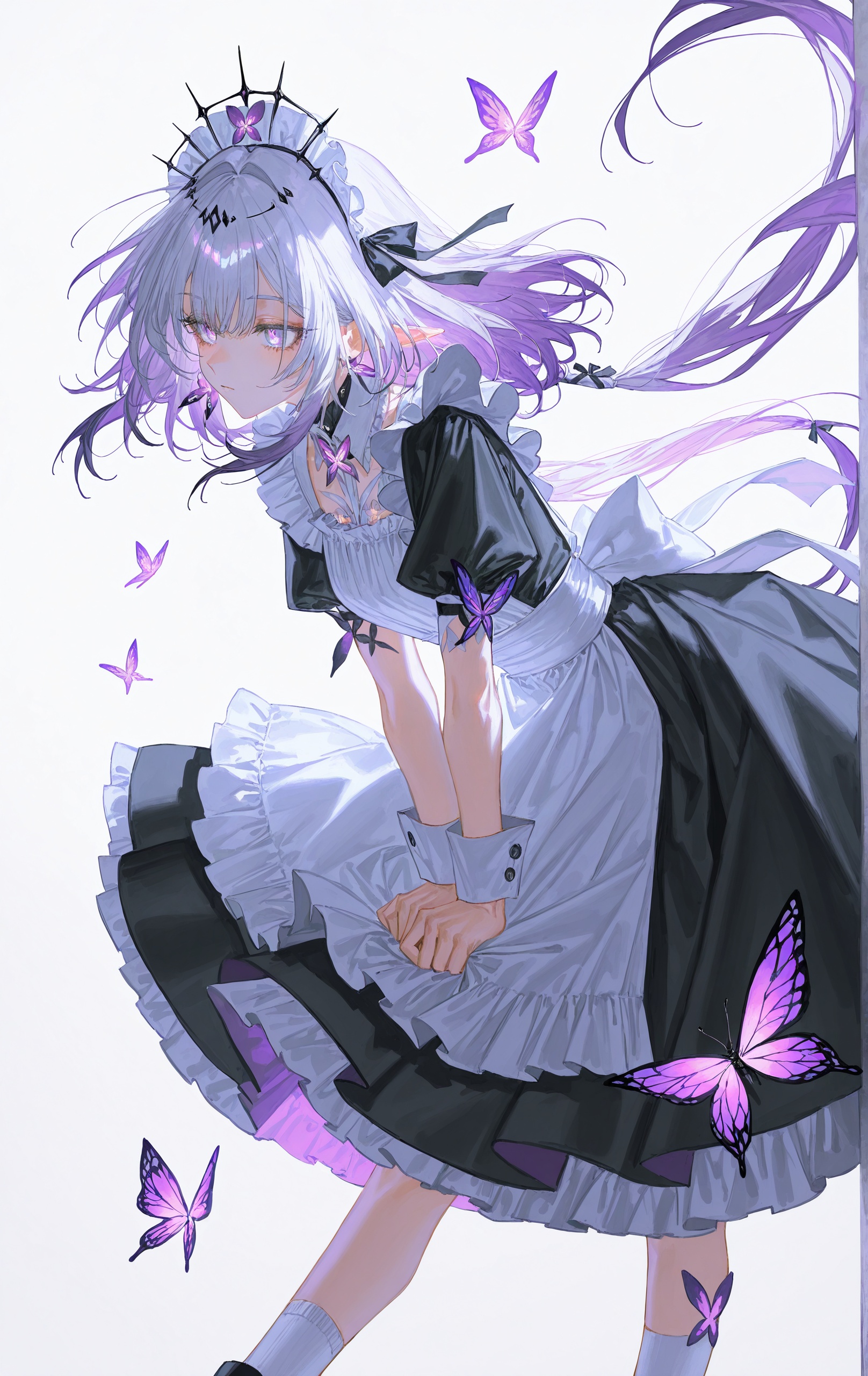 (artist:quasarcake:0.8),extreme aesthetic,(wlop:0.6),(honjou raita,lack,rella,wanke:0.5),masterpiece,best quality,good quality,newest,year 2024,year 2023,very aesthetic,absurdres,Visual impact,A shot with tension,ultra-high resolution,32K UHD,sharp focus,best-quality,masterpiece,Emotionalization,unconventional supreme masterpiece,masterful details,temperate atmosphere,with a high-end texture,in the style of castorice \(honkai: star rail\),1girl,apron,black footwear,bug,butterfly,dress,long hair,alternate costume,black dress,maid,purple butterfly,purple hair,maid apron,maid headdress,solo,white background,socks,white socks,<lora:castorice_v0.2_Illustrious-000015>,