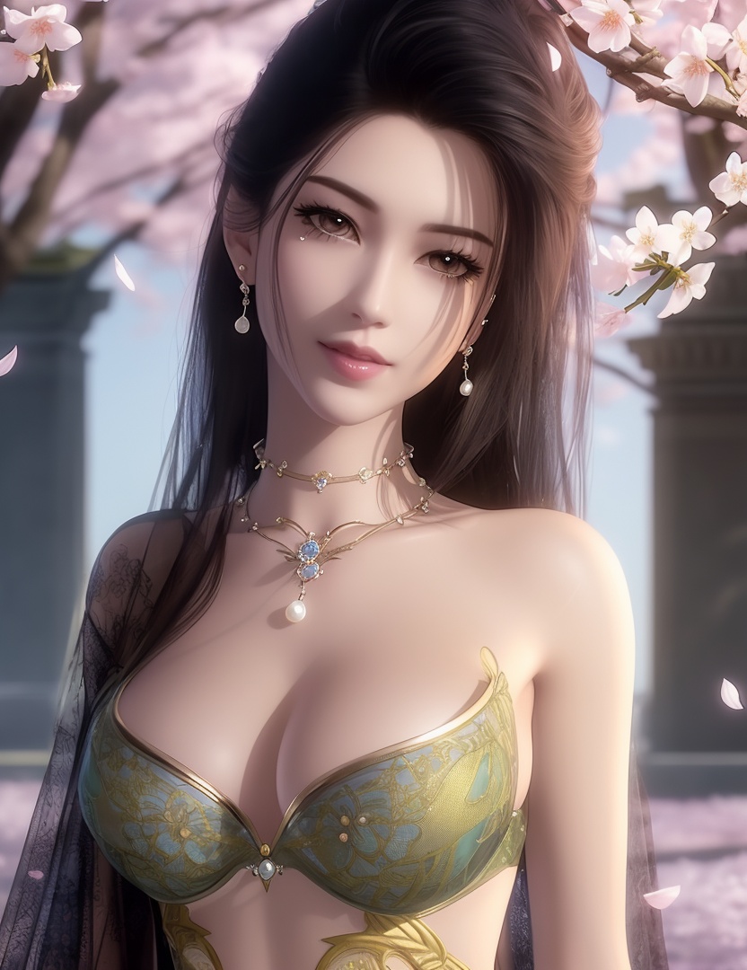 ultra realistic 8k cg, picture-perfect face, flawless, clean, masterpiece, professional artwork, famous artwork, cinematic lighting, cinematic bloom, perfect face, beautiful face, fantasy, dreamlike, unreal, science fiction,  beautiful clothes, lace, lace trim, lace-trimmed legwear,  (rich:1.4), prestige, luxury, jewelry, diamond, gold, pearl, gem, sapphire, ruby, emerald, intricate detail, delicate pattern, charming, alluring, seductive, erotic, enchanting, hair ornament, necklace, earrings, bracelet, armlet,halo((,1girl, pov,))(((,cherry blossoms, 1girl, solo, petals,looking at viewer, large breasts, hair flower, flower, outdoors, )))<lora:DA_CaoNvYaoNightwear:0.6>
