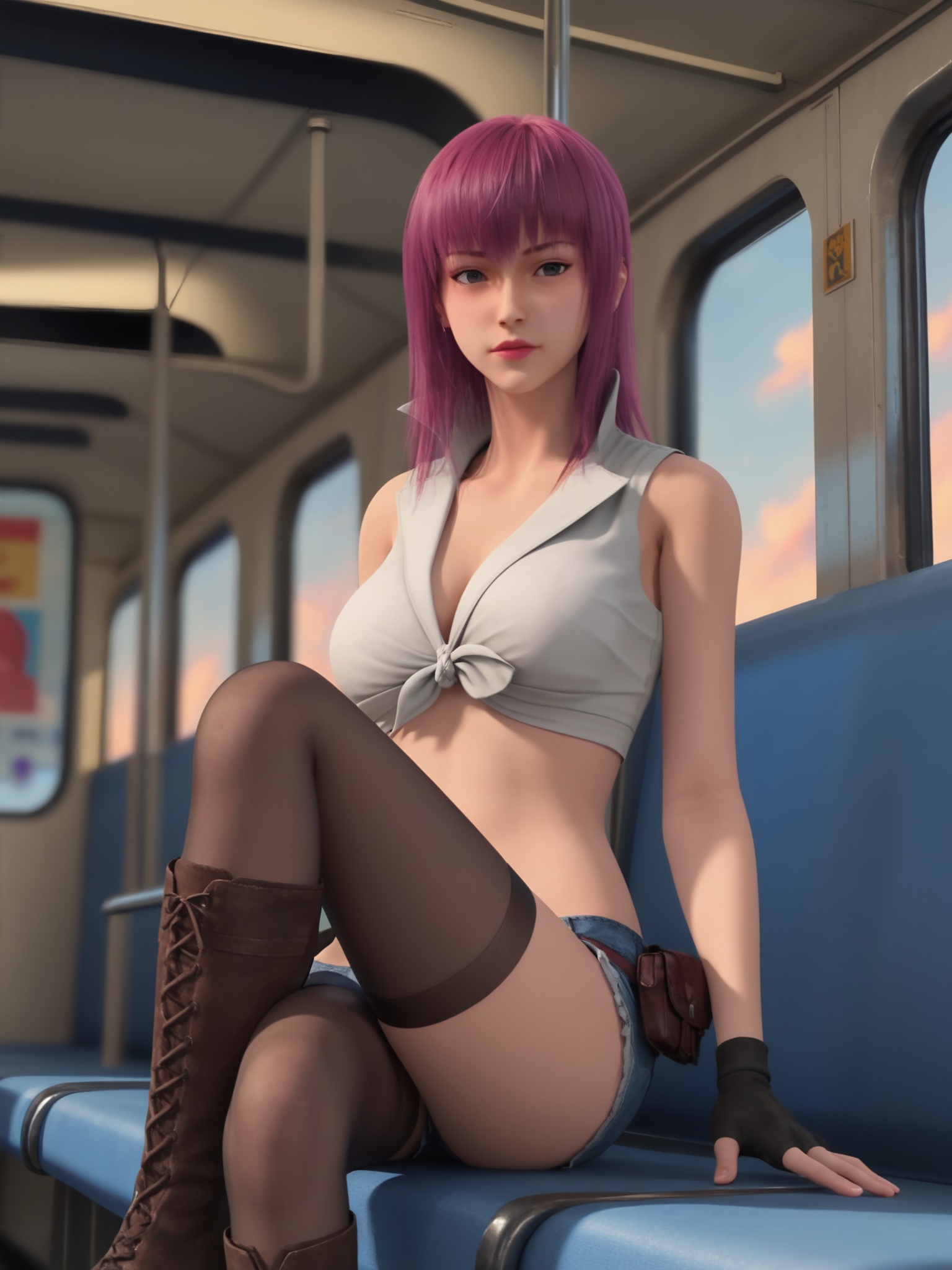 solo,1girl,fsolo focus,(perfect_anatomy:1.1),(portrait:1.1),sitting,(train_interior:1.1),(blurry_background:1.2),score_9,<lora:血色苍穹-米岚-热裤Pony:0.7>,straight,shoulder-length,magenta hair,bangs,sleeveless,light grey crop top,very short,frayed denim shorts,thigh-high black stockings.black fingerless gloves,knee-high boots white soles,