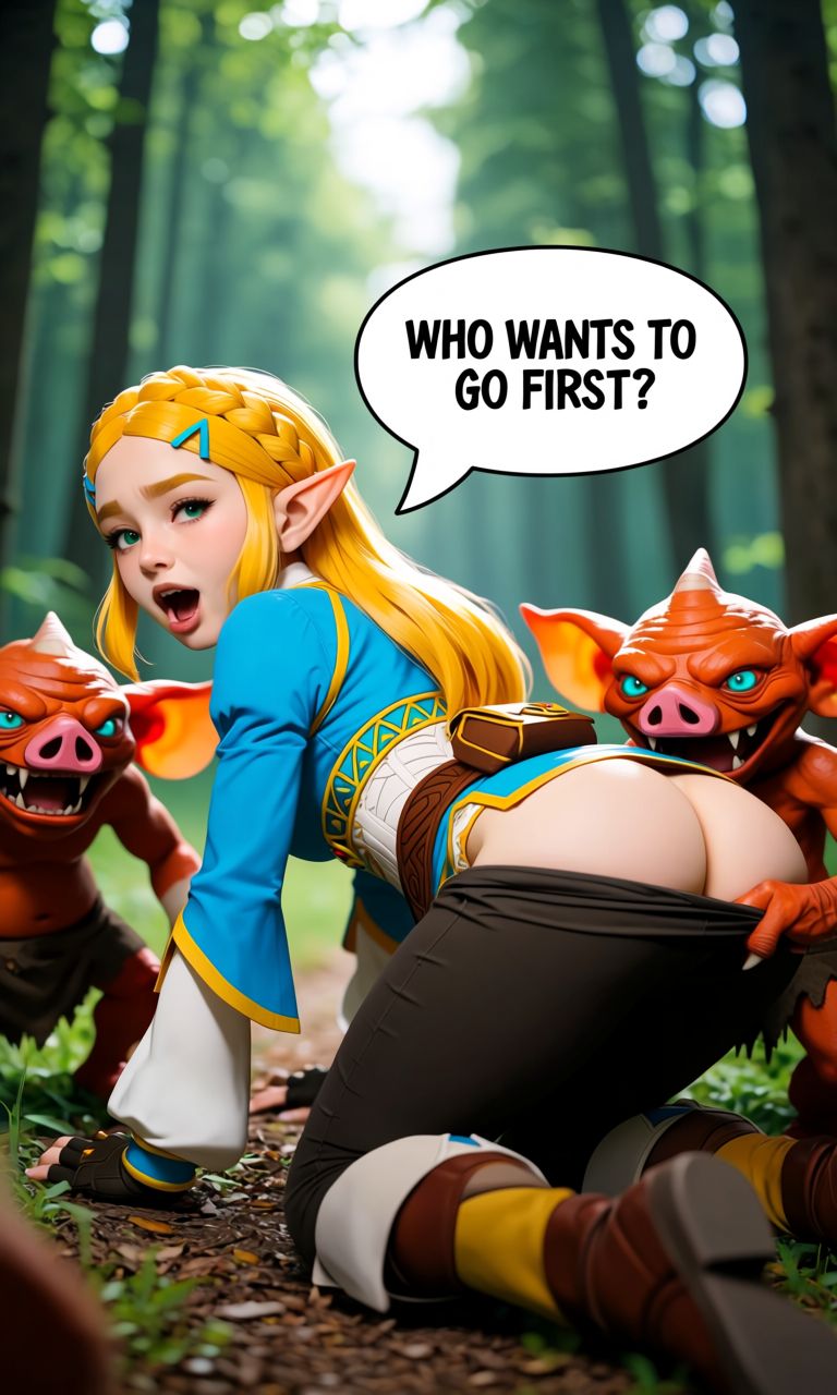 princess zelda is on all fours presenting,  a speech bubble from princess zelda reads "Who wants to go first?",  her mouth...