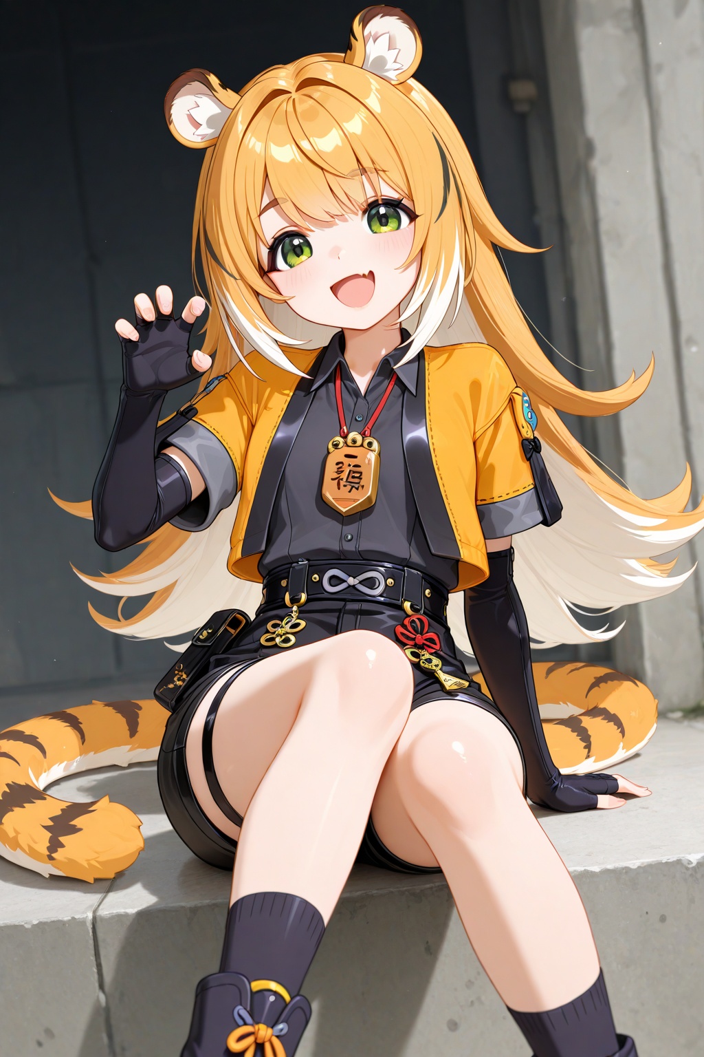 1girl, ju fufu, animal ears, arm support, black shorts, blonde hair, claw pose, elbow gloves, fingerless gloves, gloves, green eyes, hand up, jacket, long hair, looking at viewer, multicolored hair, open mouth, sitting, skin fang, smile, solo, tail, tiger ears, tiger tail, white hair, masterpiece,