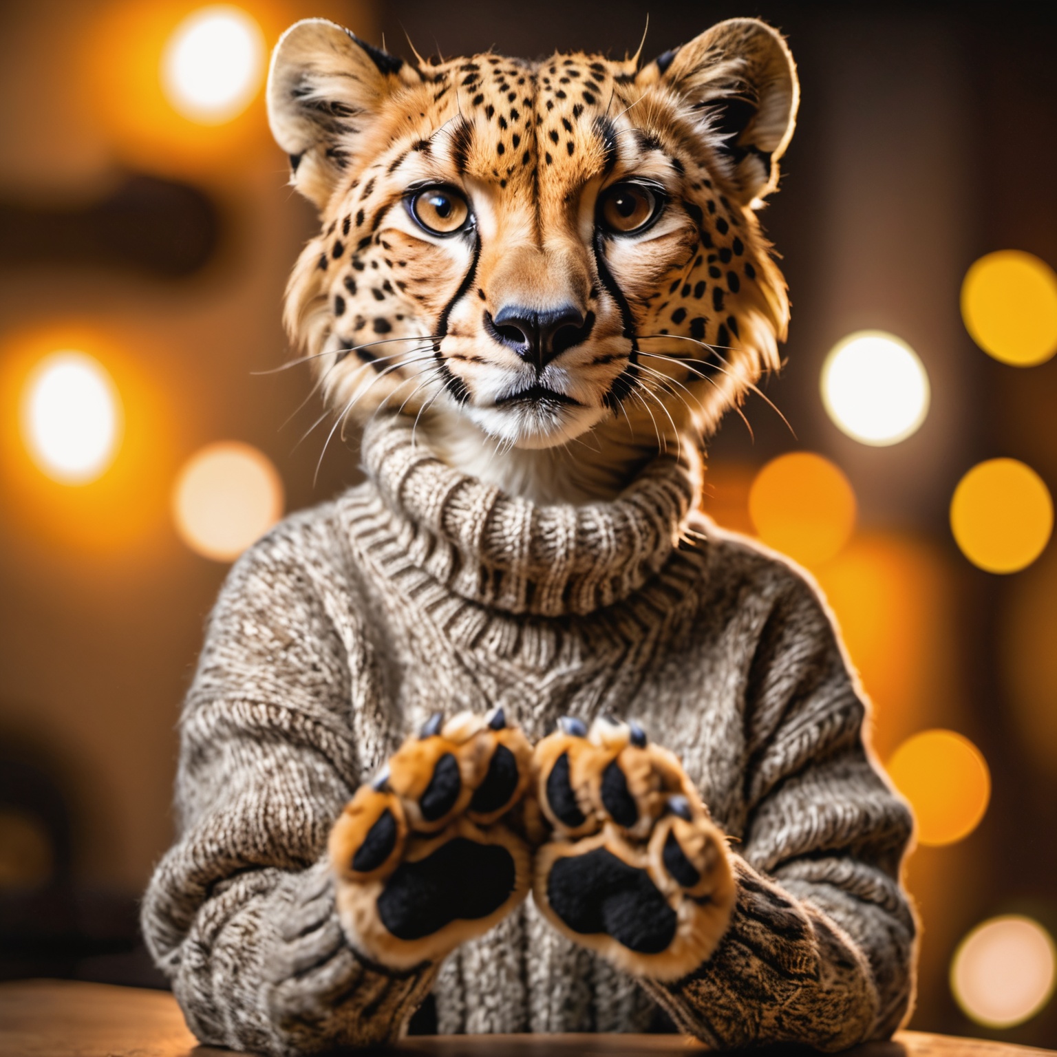 Closeup of an anthro furry cheetah female wearing a wool sweater,  paws,  paw pads towards viewer on Tensor.Art
