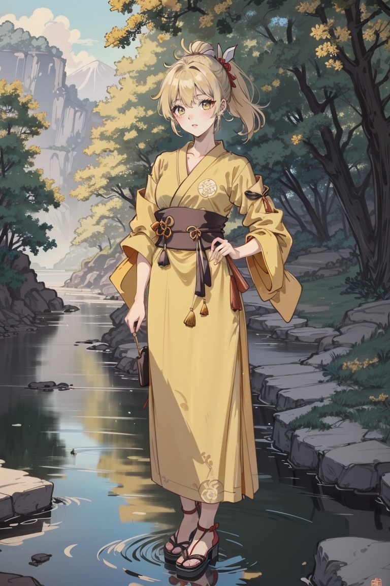 ((HRD, HUD, 8K)),((masterpiece, best quality)), highly detailed,YuanShen, 1girl, yoimiya (genshin impact), solo, blonde hair, yellow eyes, water, japanese clothes, orange kimono, hair ornament, looking at viewer, bangs, ponytail, standing, closed mouth, kimono, outdoors, full body, bag, branch, <lora:20240318-1710771192163:0.8>