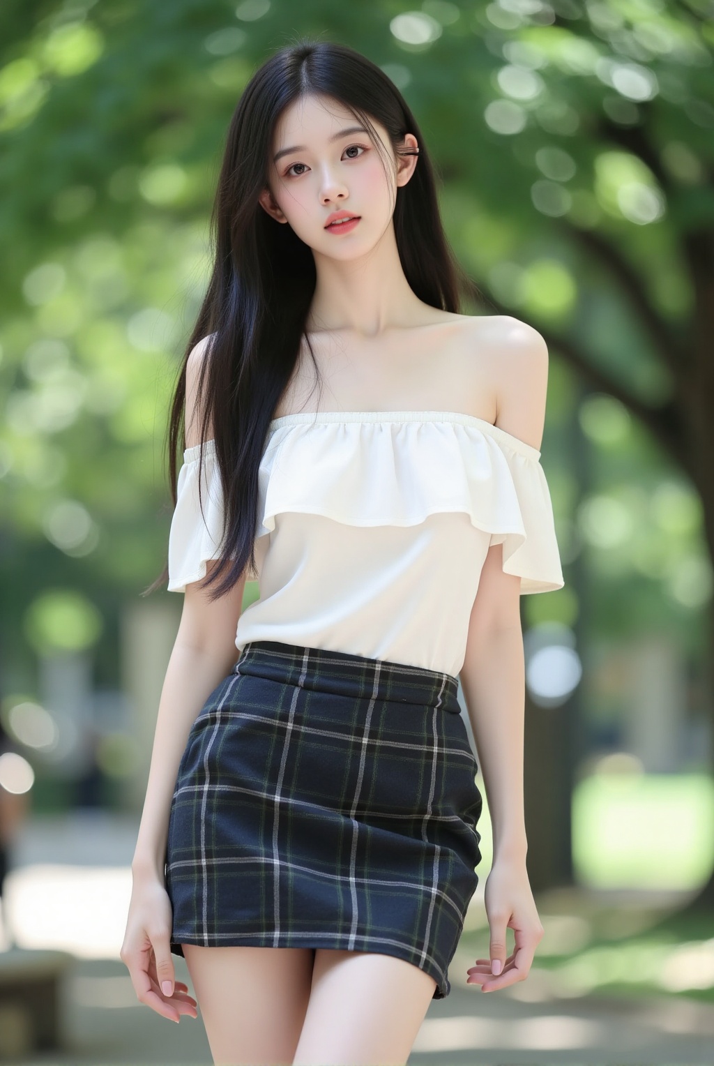 girl,This is a high-resolution photo of a young Asian woman standing in the park. She has long straight black hair hanging down her back. Her skin is fair and smooth. She is wearing a fitted off-the-shoulder white blouse with short sleeves that accentuate her slender arms. The blouse has a ruffled collar,adding a touch of femininity. She pairs the blouse with a very short dark blue plaid mini skirt that fits snugly around her hips and thighs,exposing her long legs. She is also wearing pointed-toe black high heels.,