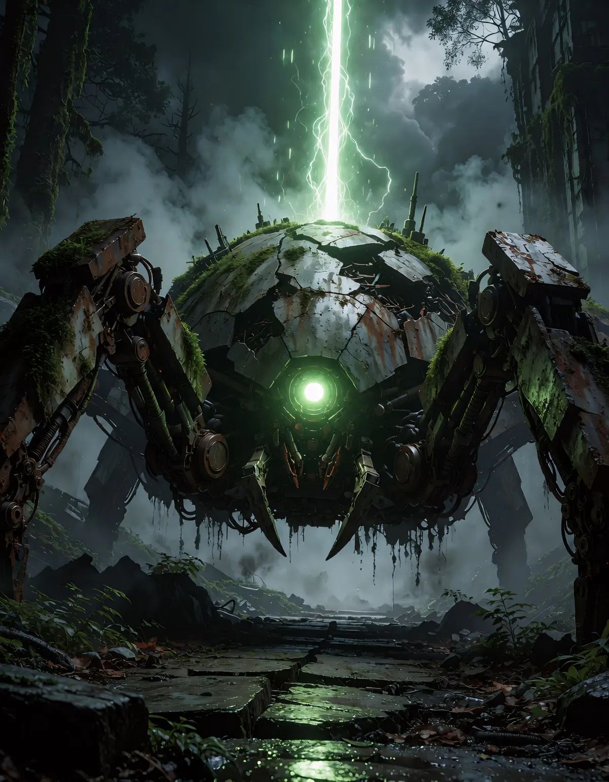 A dark grimy post-apocalyptic industrial scene,  heavily textured grunge aesthetic. A massive biomechanical spider-like ro...